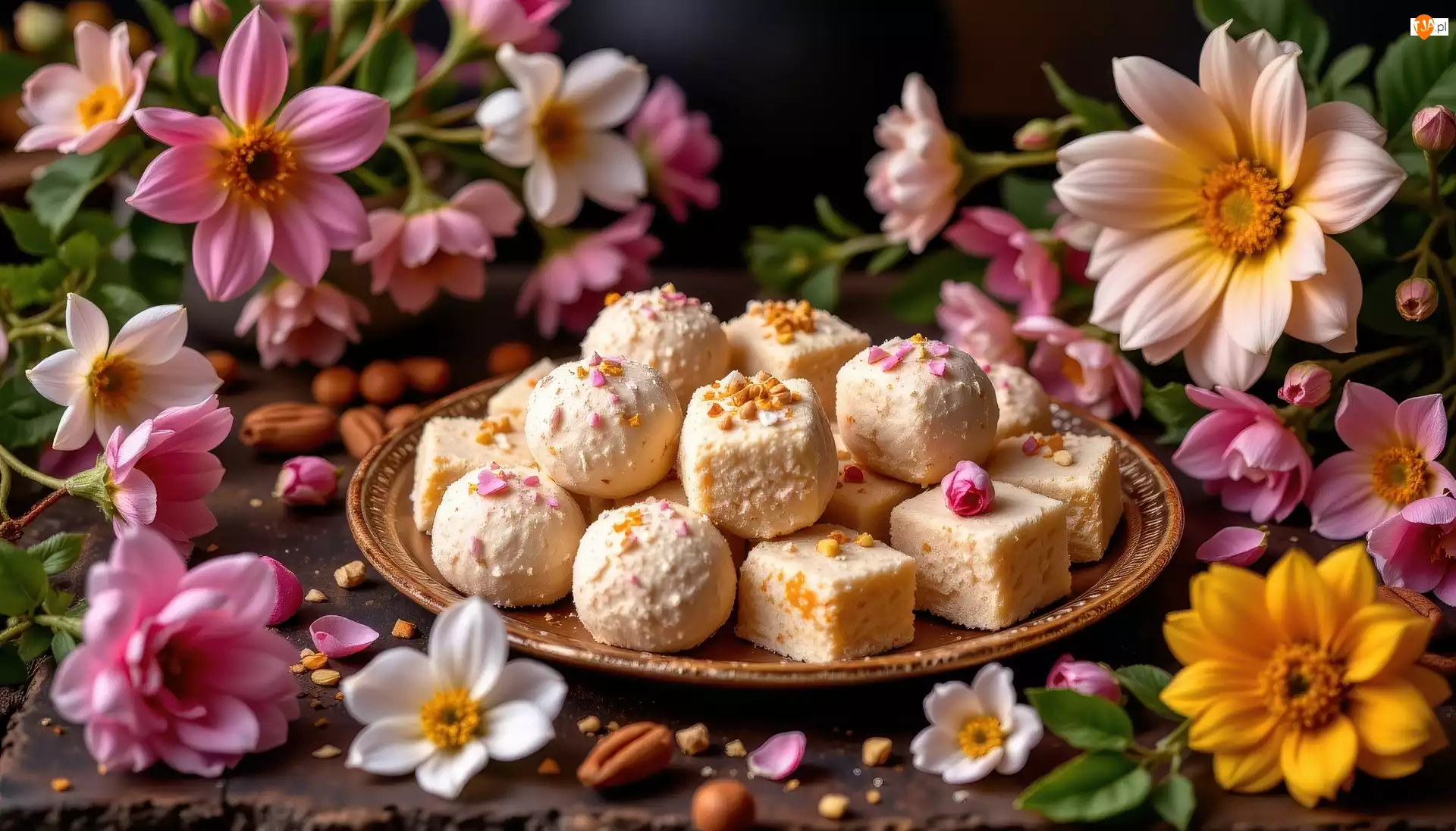 Żółte, Białe, Talerz, Różowe, Ciasteczka, Ciasto, Kwiaty