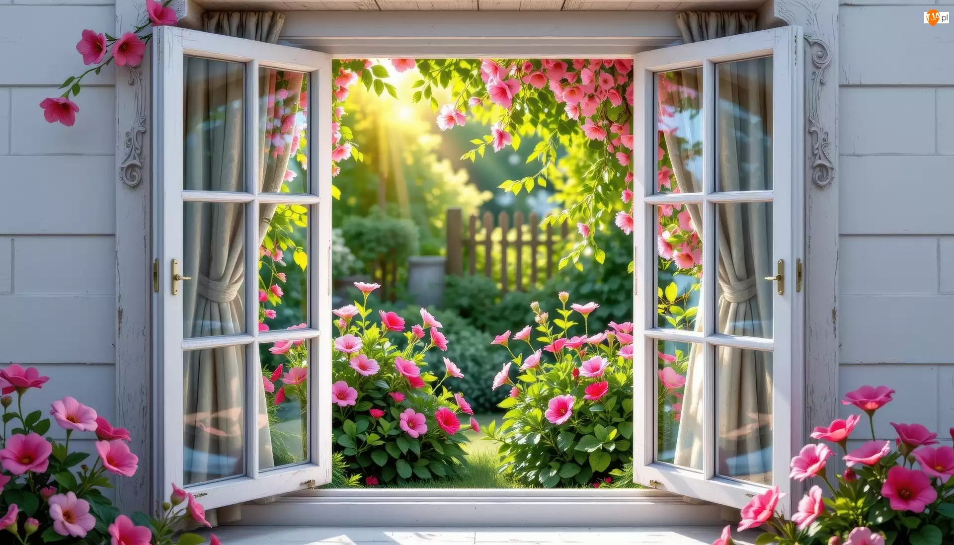 Ogród, Otwarte, Okno, Kwiaty