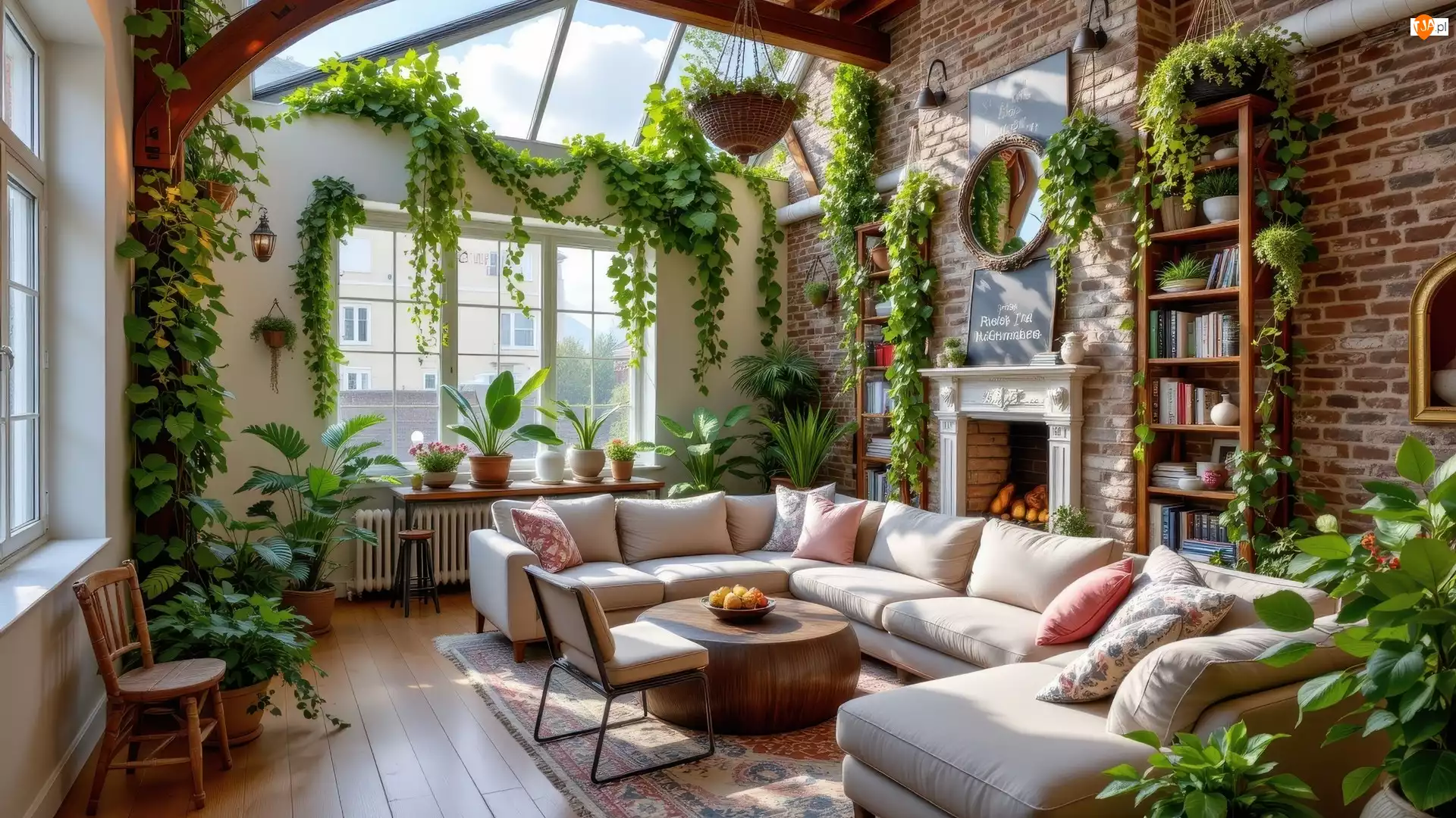 Krzesła, Kwiaty, Kanapa, Salon, Kominek