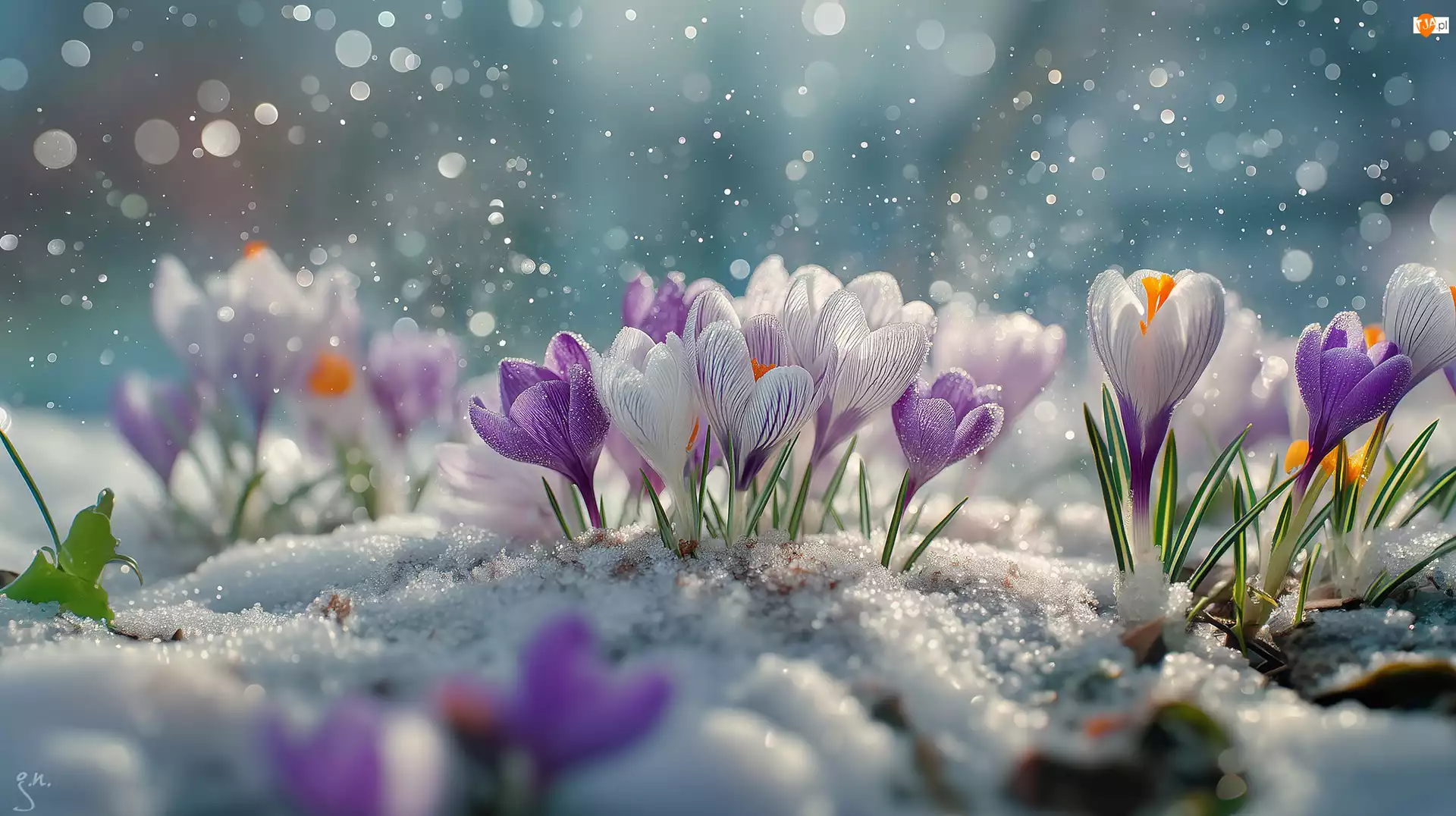 Białe, Krokusy, Grafika AI, Fioletowe, Zima, Śnieg, Kwiaty
