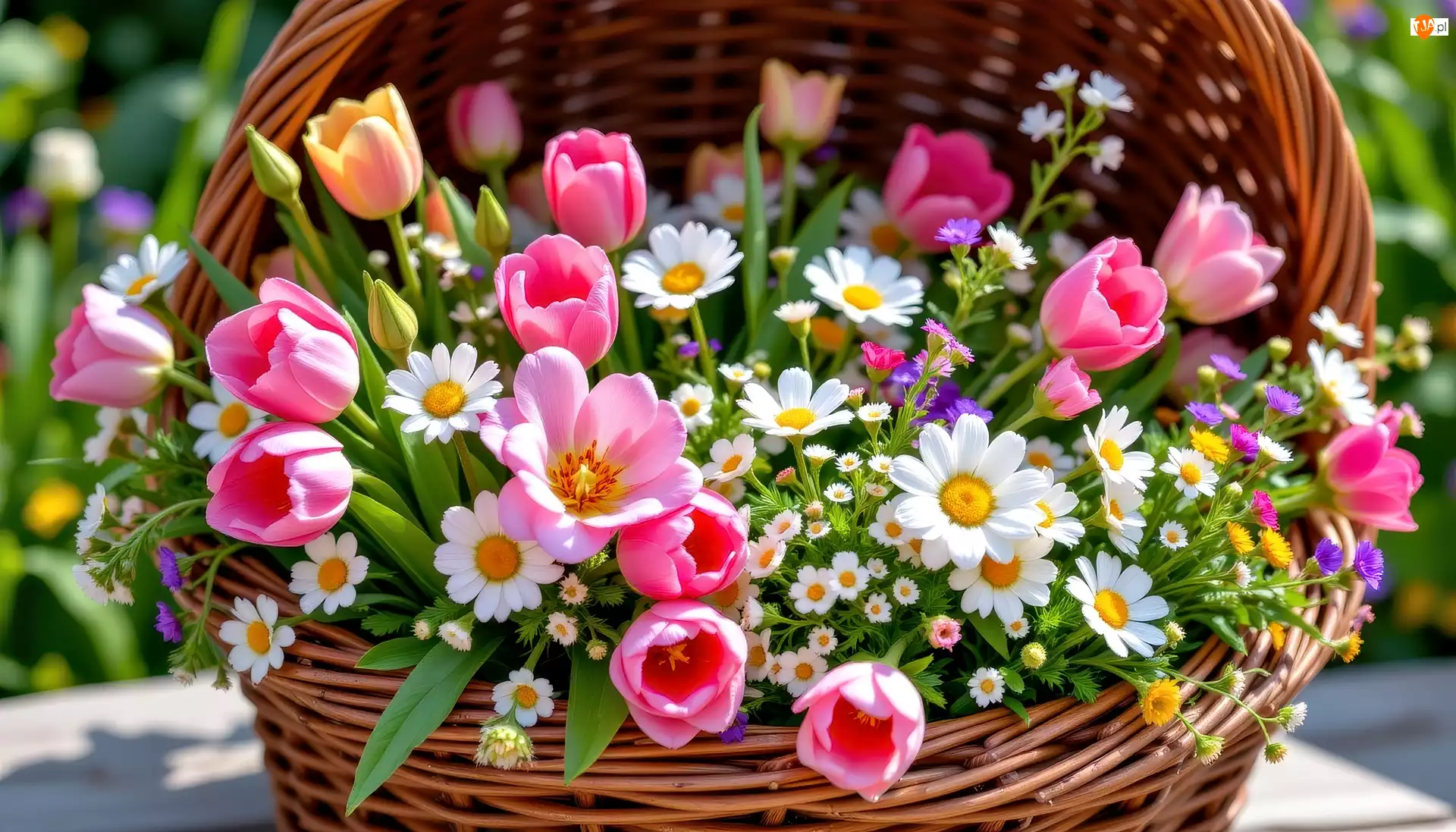 Tulipany, Stokrotki, Grafika AI, Kwiaty, Koszyk, Bukiet, Wiosenny