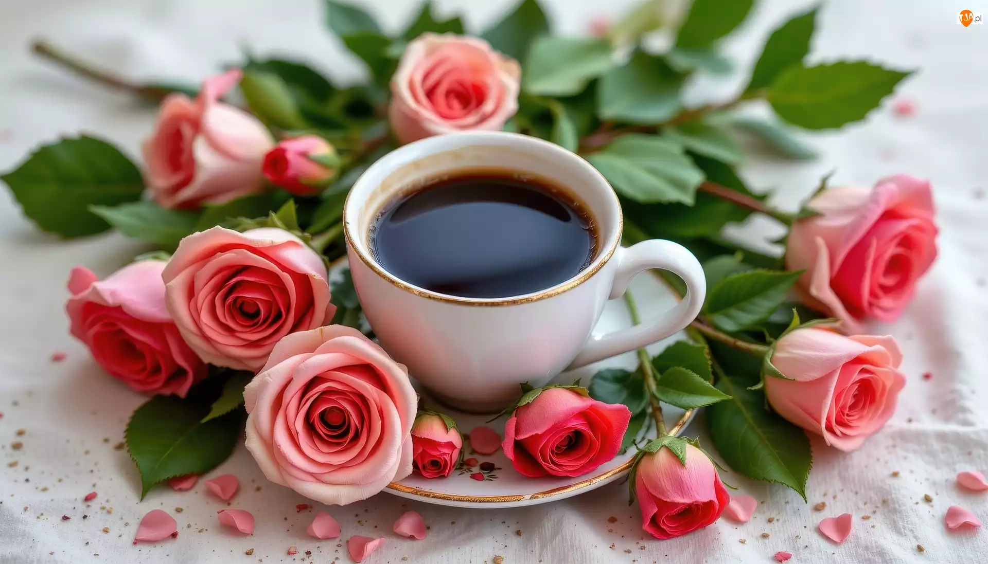 Filiżanka, Biała, Kawa, Róże, Talerzyk, Różowe