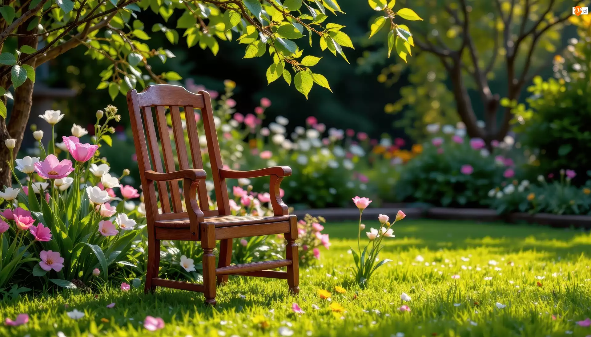 Drzewo, Ogród, Krzesło, Kwiaty