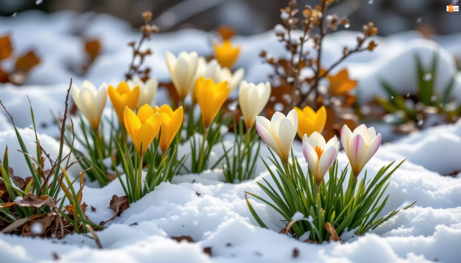Śnieg, Białe, Żółte, Krokusy