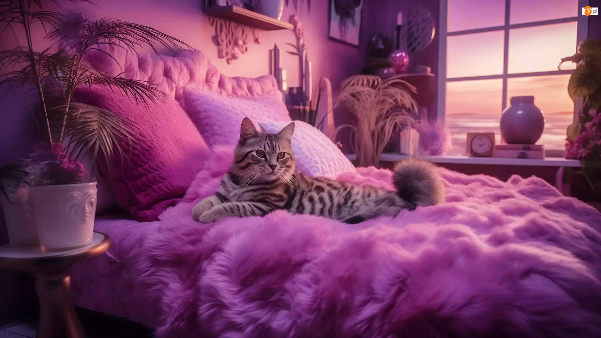 Łóżko, Narzuta, Pokój, Kot, Fioletowa
