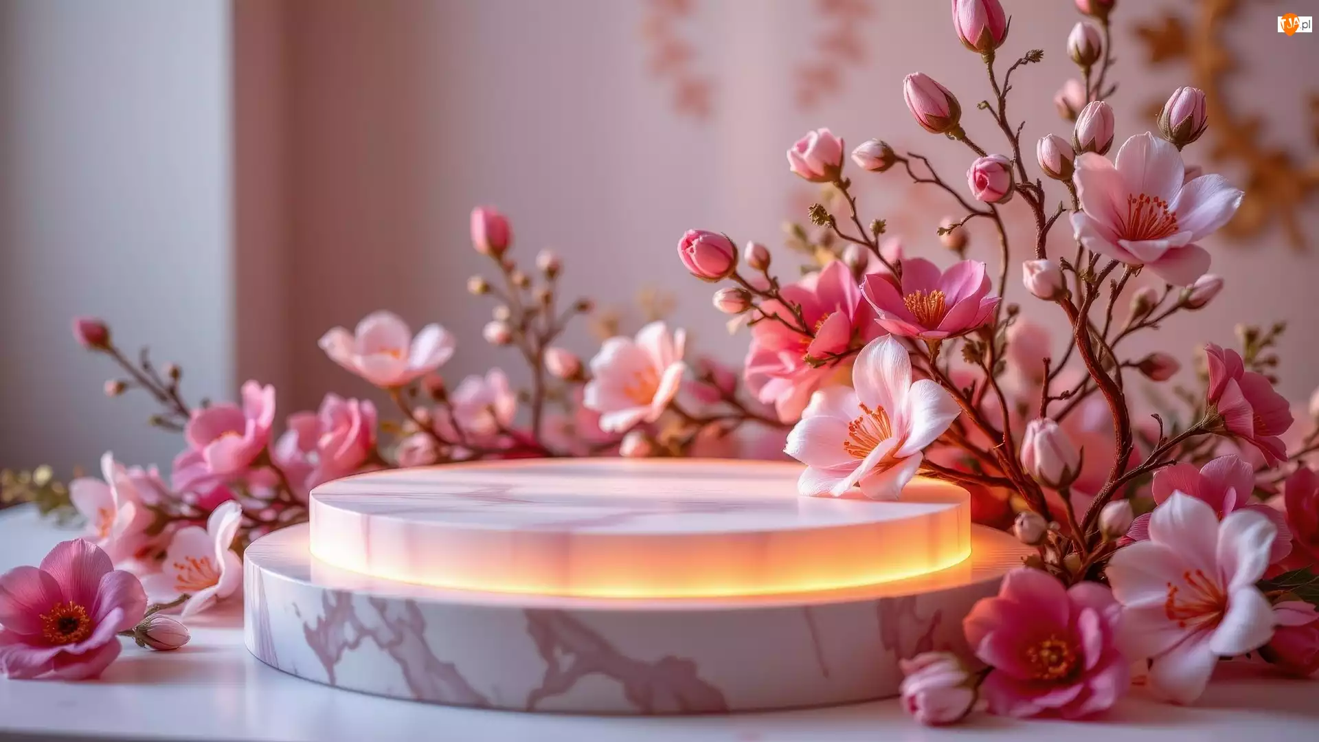 Różowe, Pąki, Podium, Podświetlone, Kwiaty