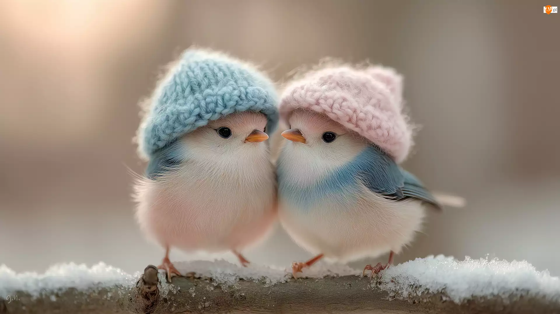 Ptaki, Dwa, Gałąź, Grafika AI, Czapki, Śnieg