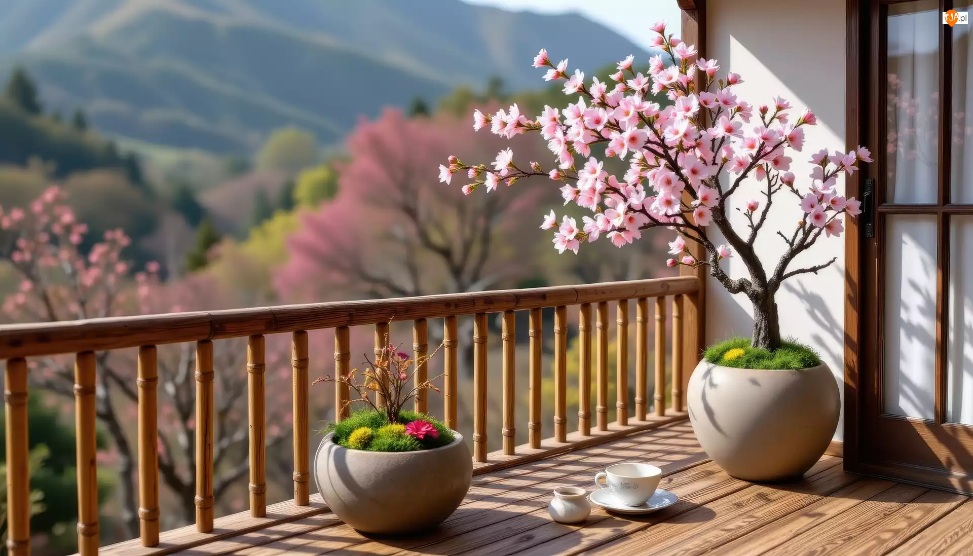 Filiżanka, Balkon, Donice, Kwiaty