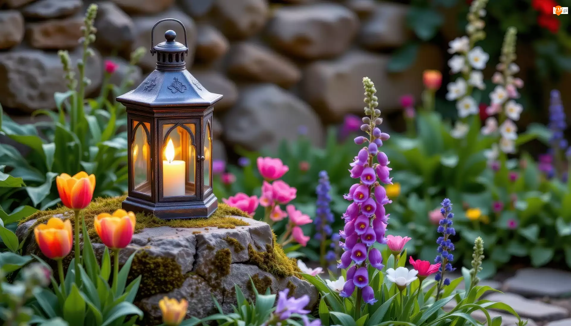 Kwiaty, Ogród, Lampion, Kamienie, Tulipany, Świeca