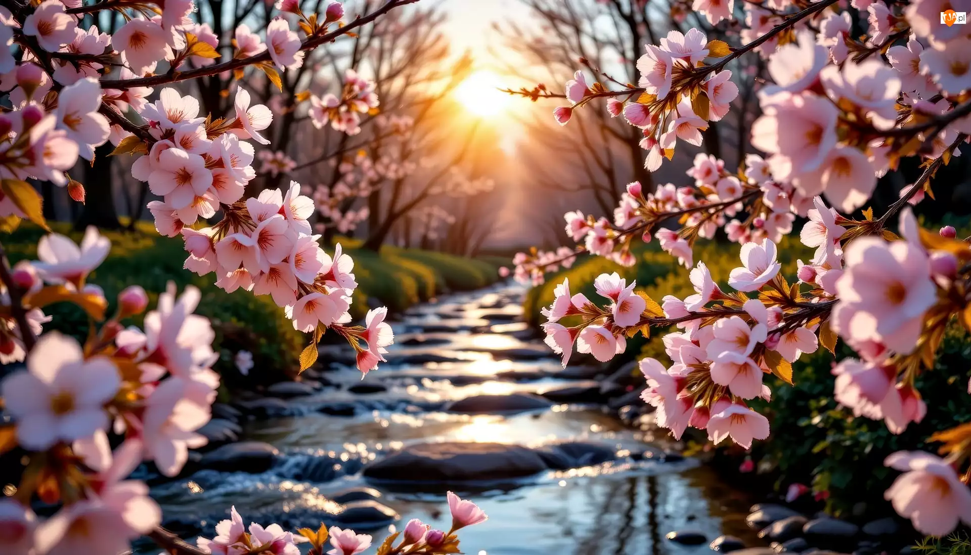 Strumień, Wiosna, Różowe, Zachód słońca, Kwitnące, Kwiaty, Grafika AI, Gałęzie