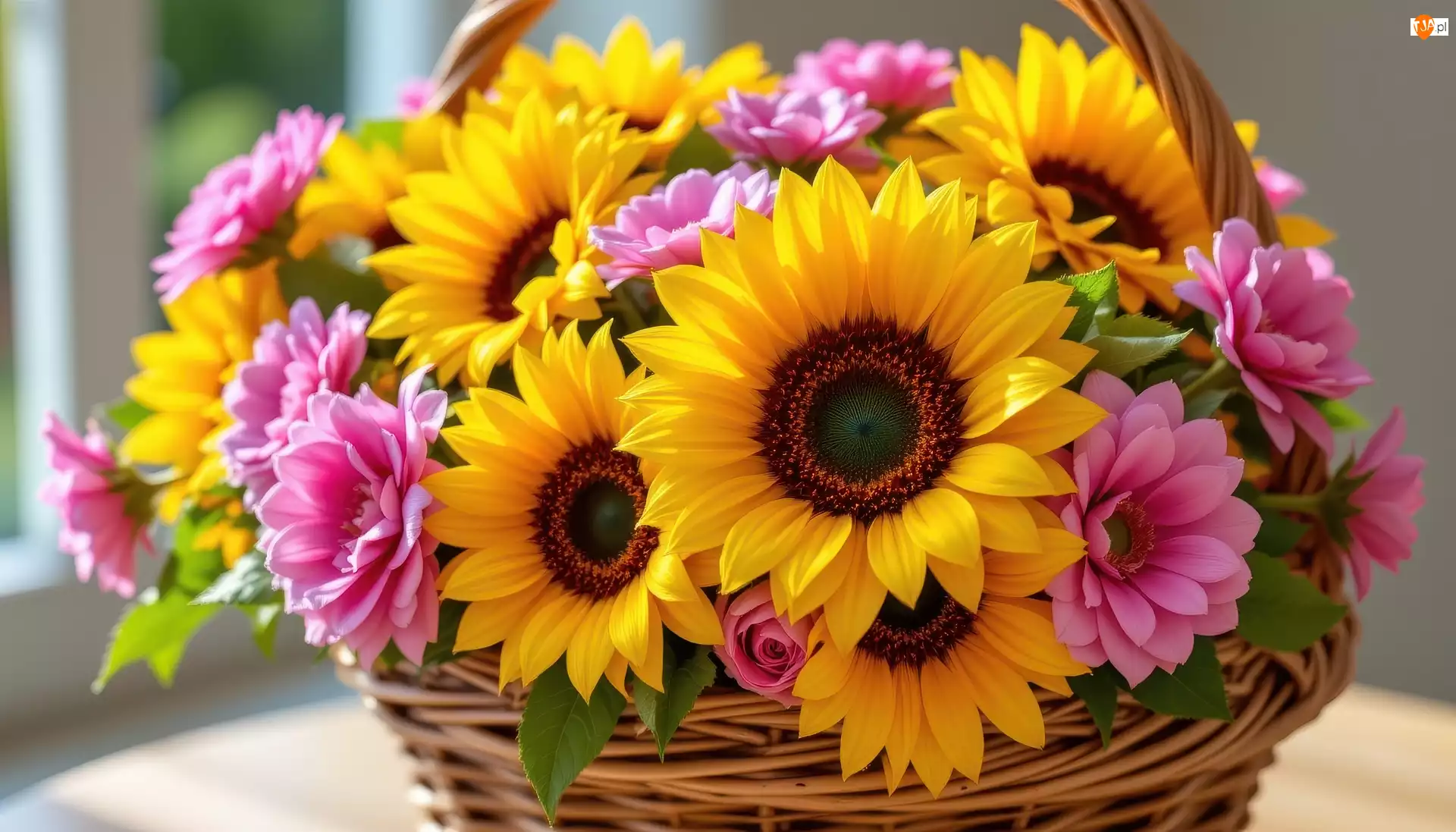 Koszyk, Kwiaty, Różowe, Słoneczniki