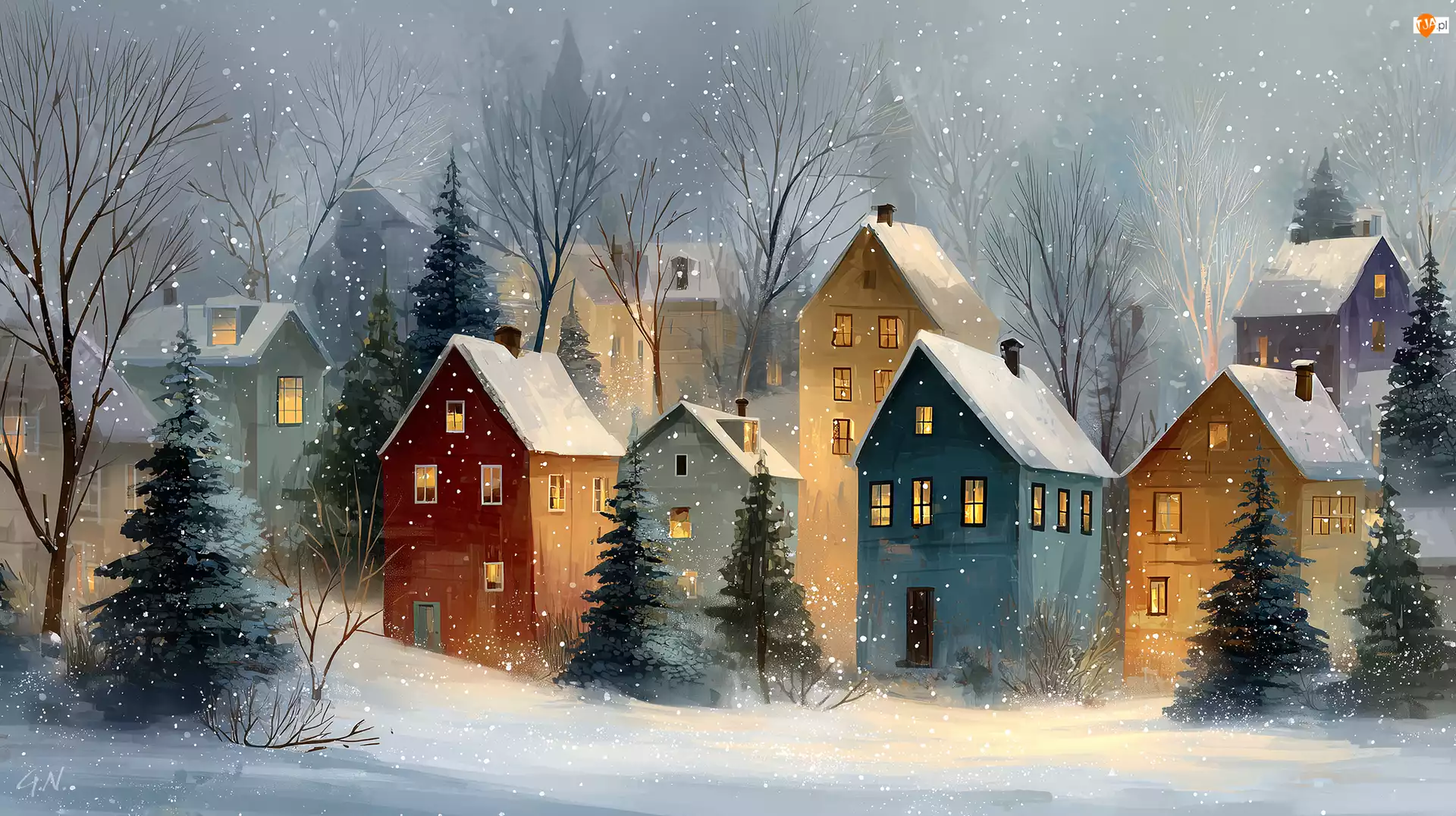 Domki, Kolorowe, Zima, Grafika AI, Choinki, Śnieg