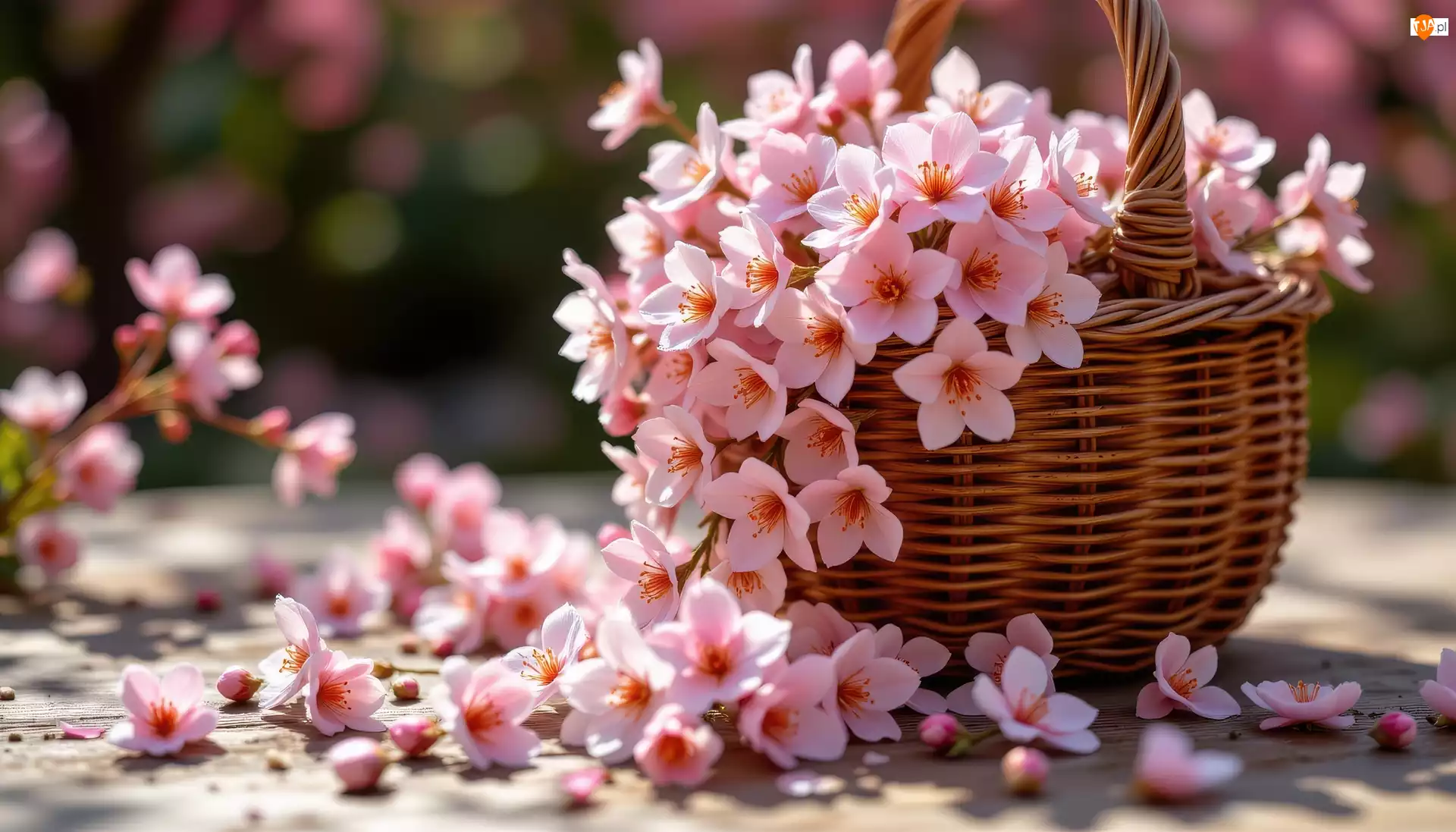 Kwiaty, Koszyk, Różowe, Drobne, Wiklinowy