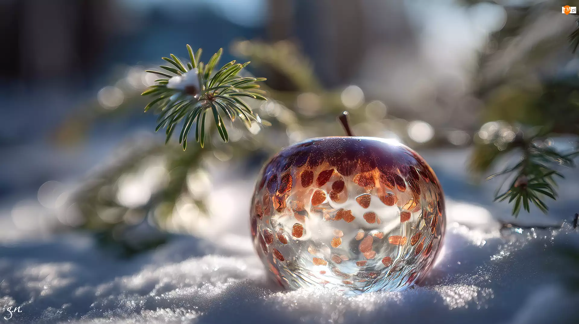 Jabłko, Szklane, Gałązki, Grafika AI, Śnieg, Jodła