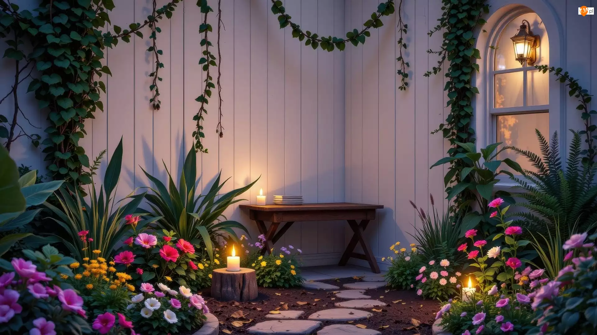 Pnące, Kolorowe, Świece, Rośliny, Kwiaty, Stół, Ogródek, Lampion
