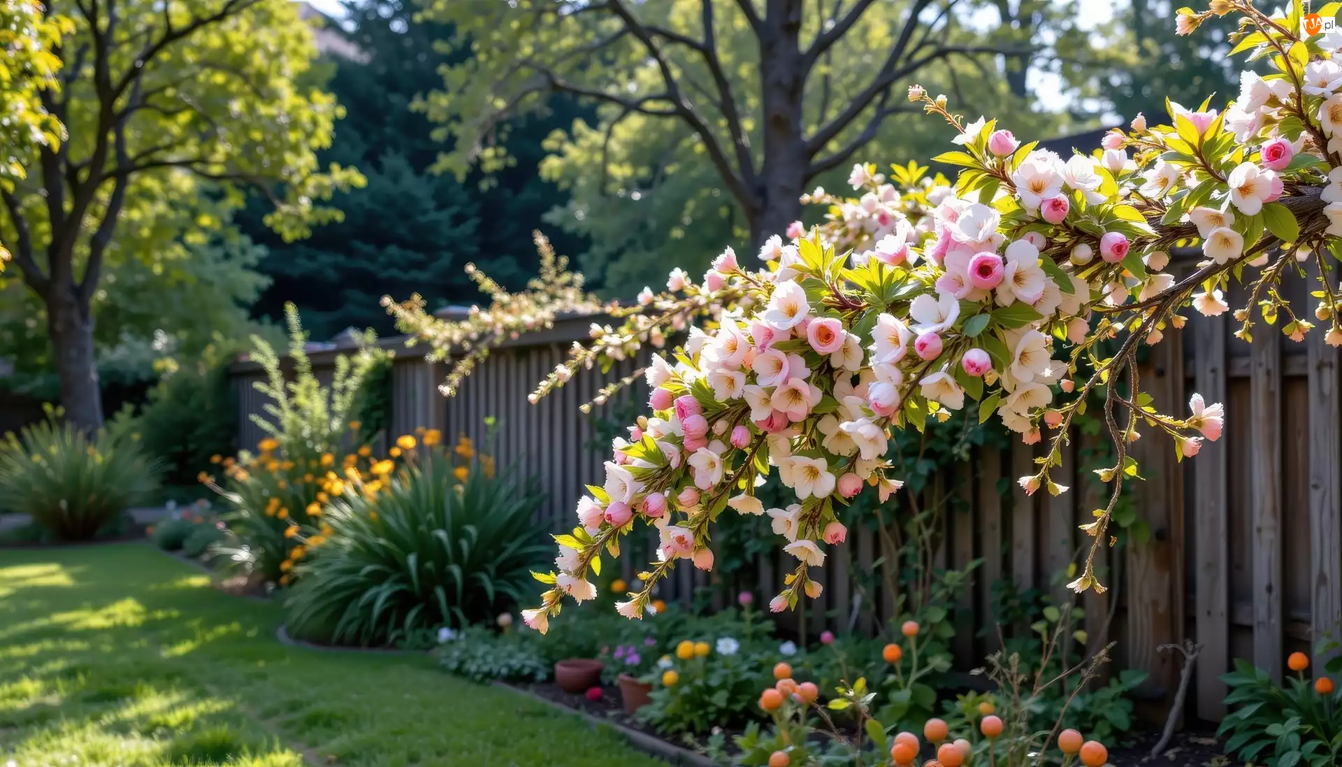 Płot, Ogród, Drzewo owocowe, Kwiaty