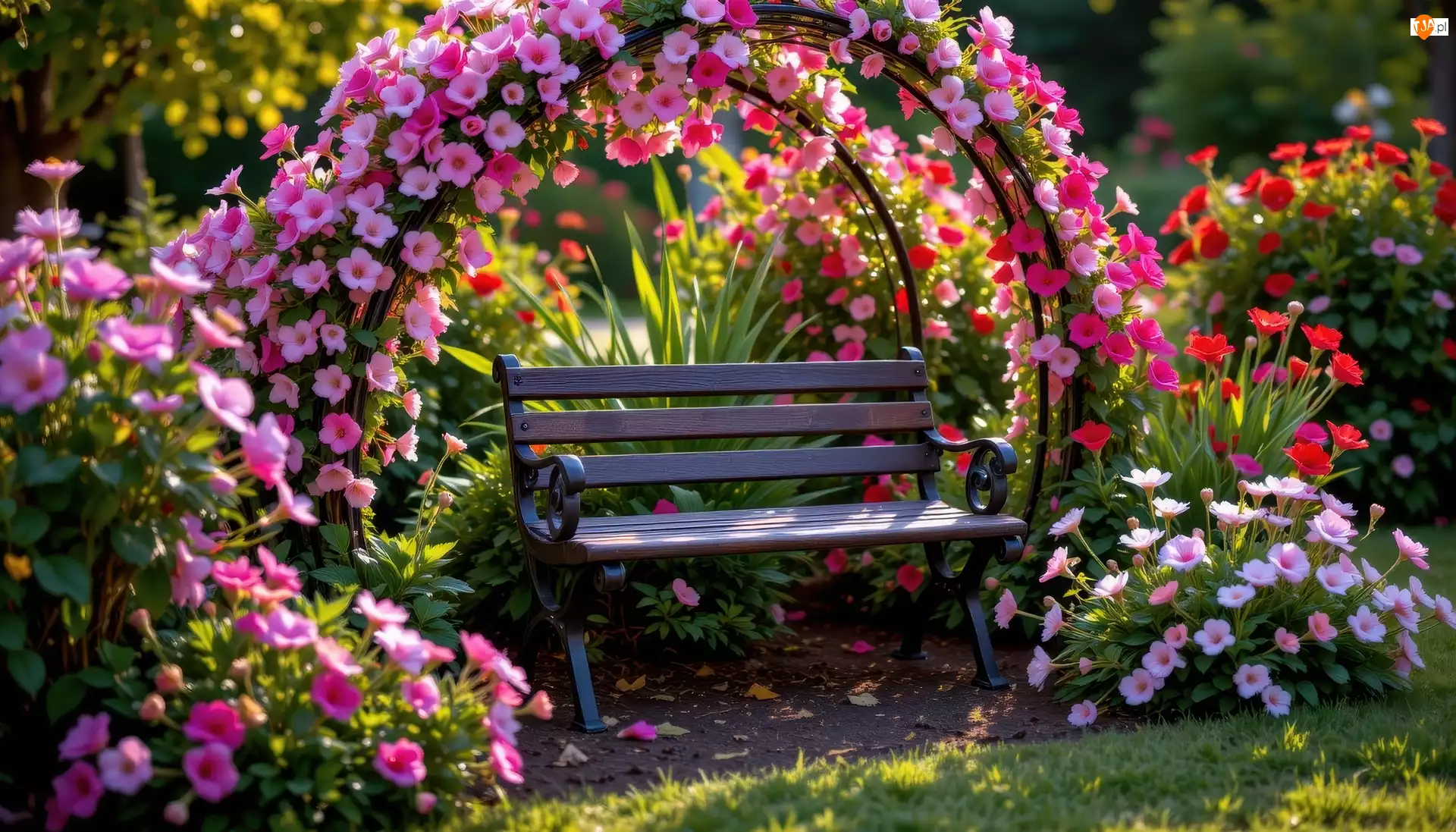 Ogród, Ławka, Kolorowe, Kwiaty