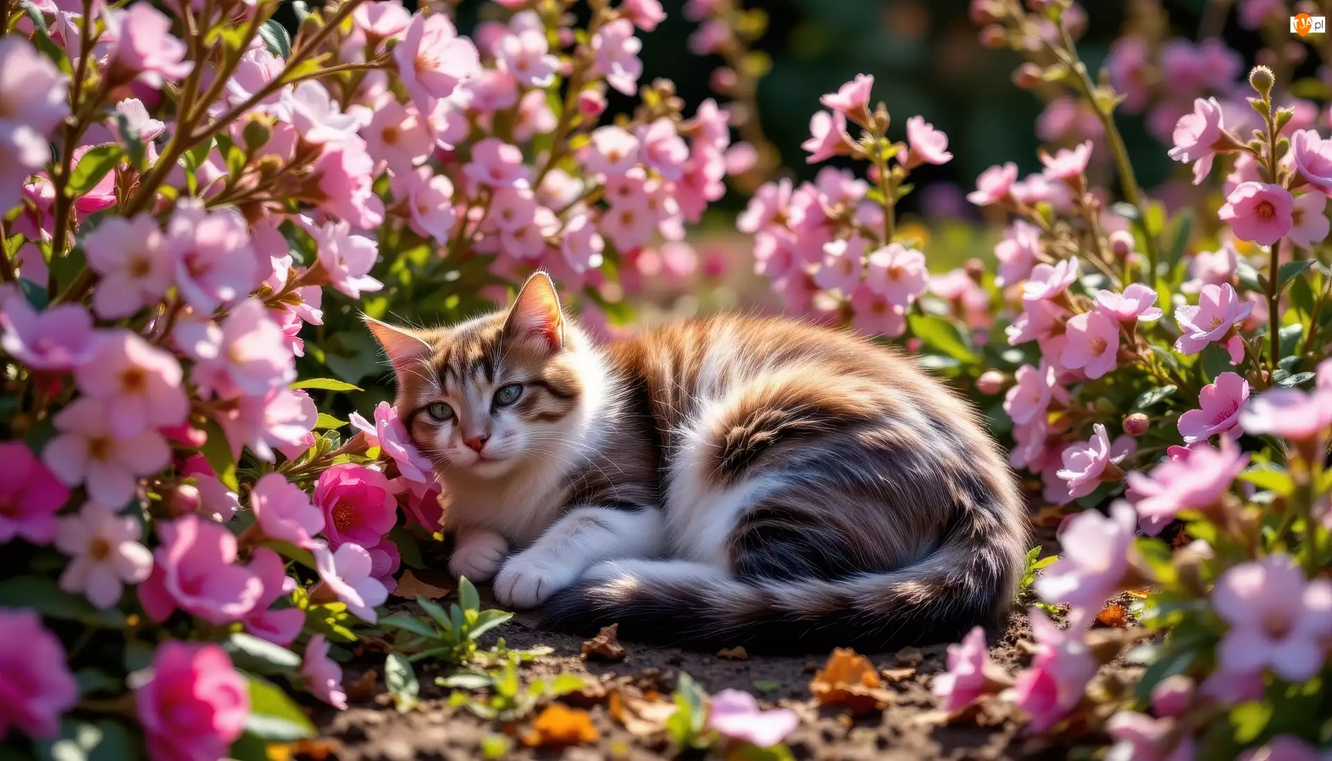Różowe, Kot, Kwiaty