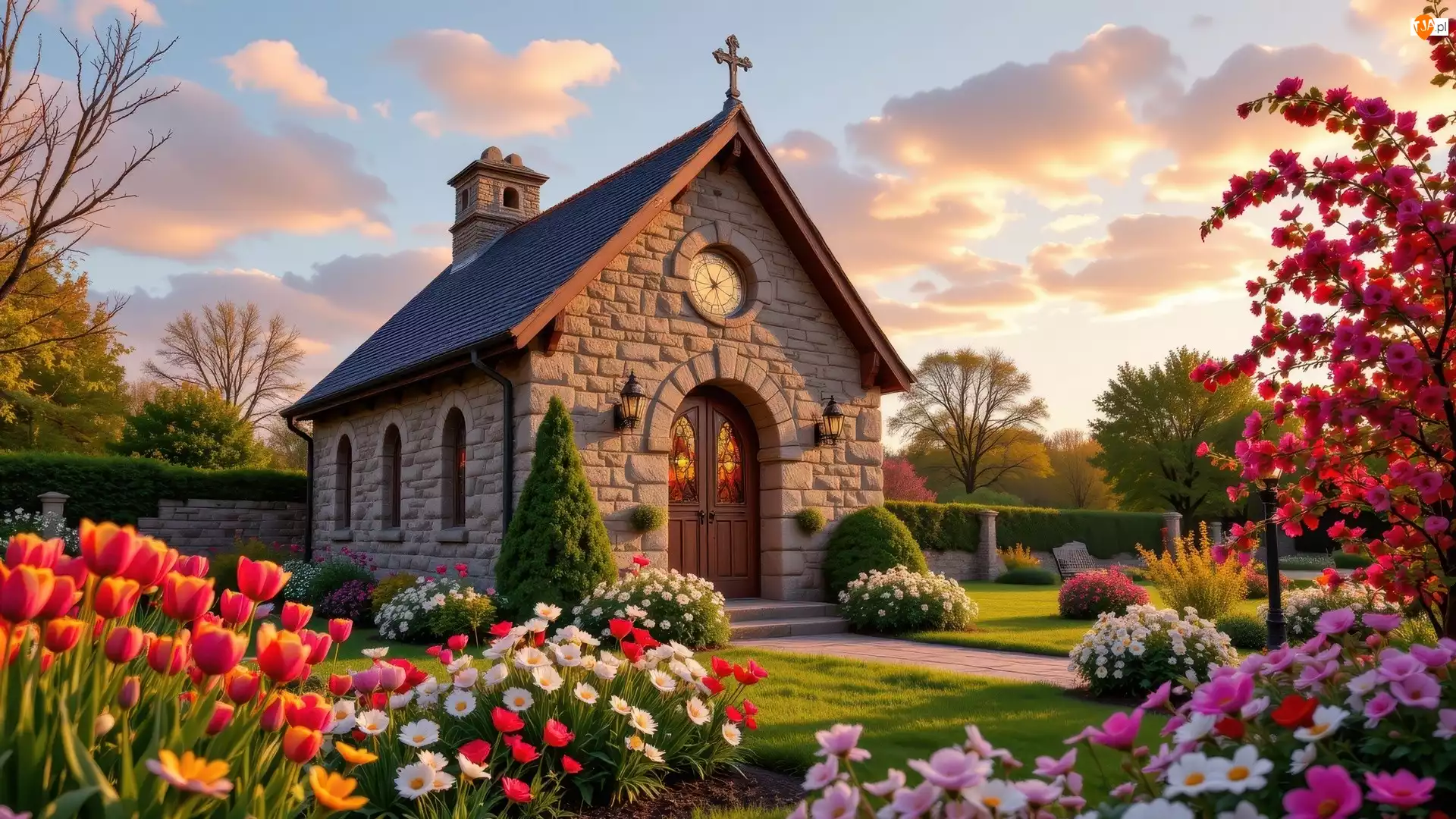 Kwiaty, Drzewa, Ogród, Kościół, Tulipany