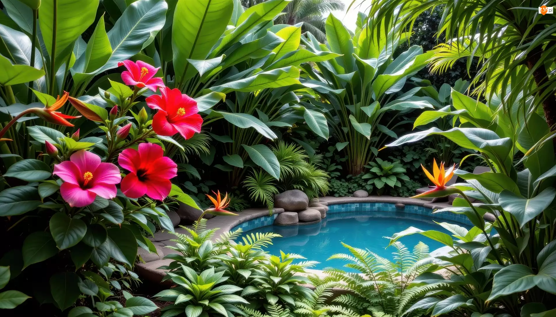 Paprocie, Ogród, Czerwone, Liście, Oczko wodne, Strelicje, AI, Kwiaty