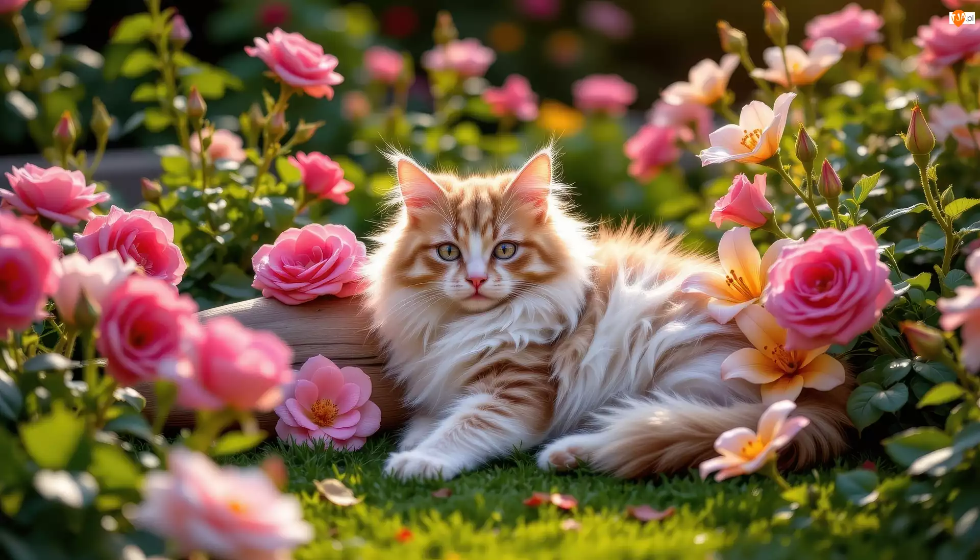 Kwiaty, Leżący, Kot, Róże, Rudo-biały, Trawa, Lilie, Puszysty