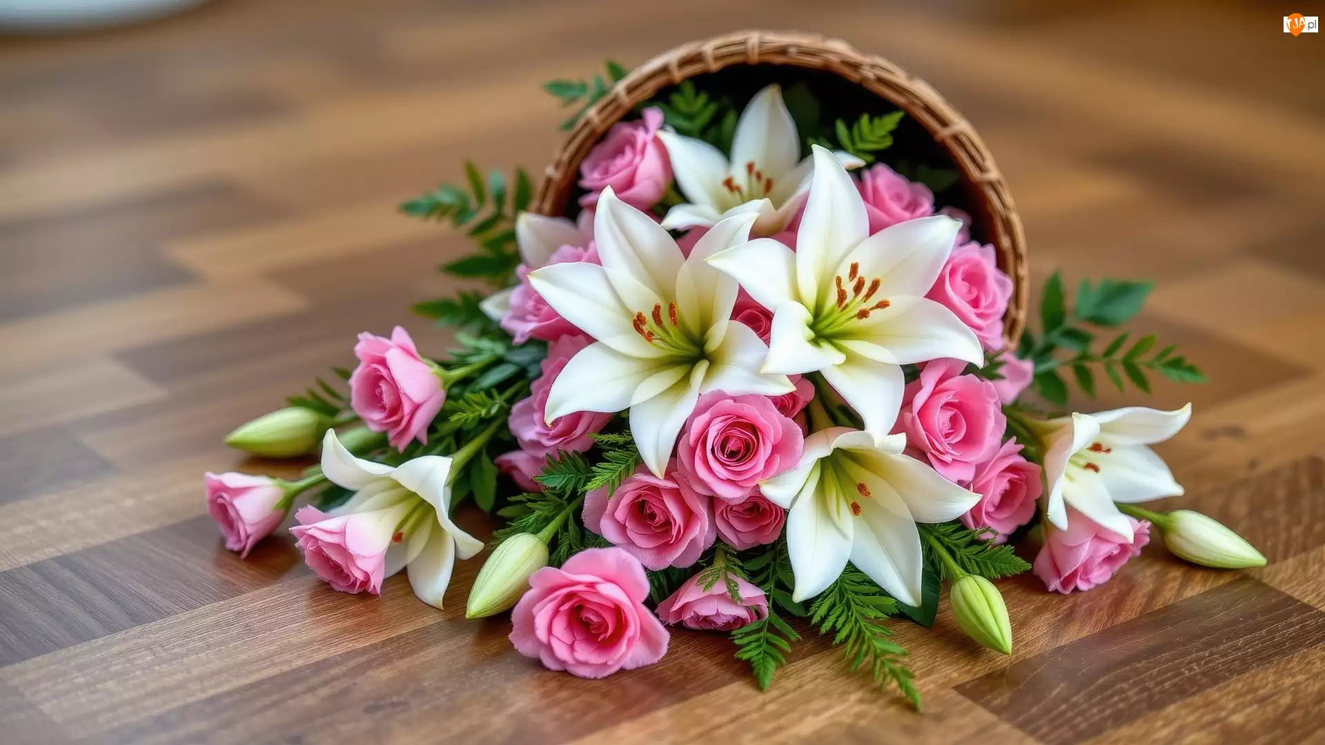 Białe, Lilie, Wiklinowy, Kwiaty, Kosz, Róże, Różowe