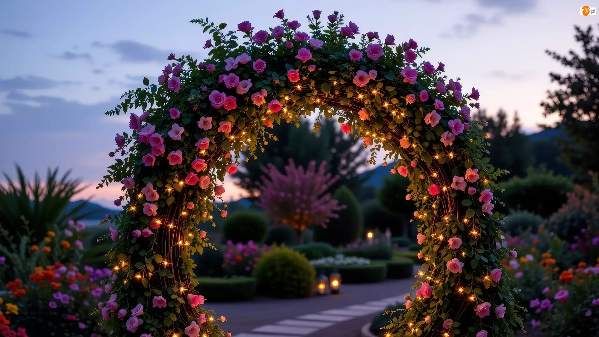 Alejka, Ogród, Rośliny, Różowe, Łuk, Lampiony, Kwiaty, Kwiatowy