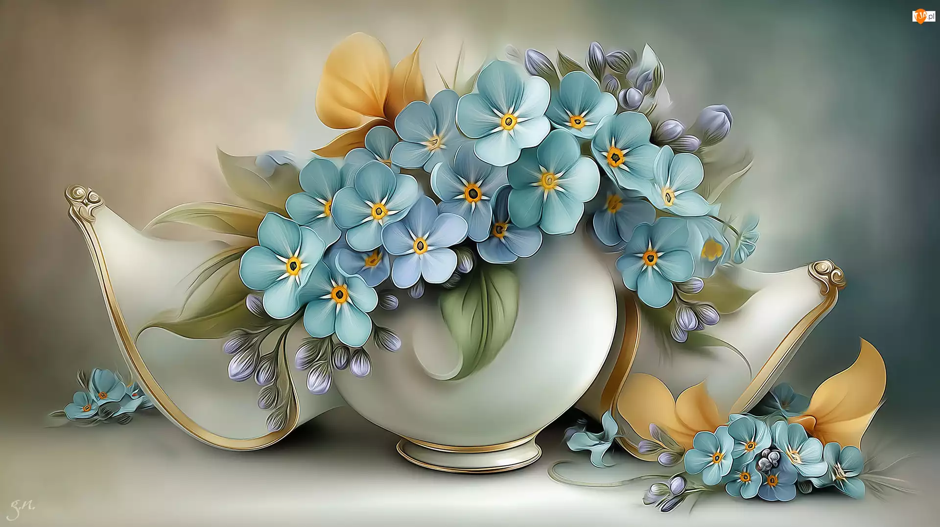 Fantazyjny, Grafika AI, Kwiaty, Niezapominajki, Wazon