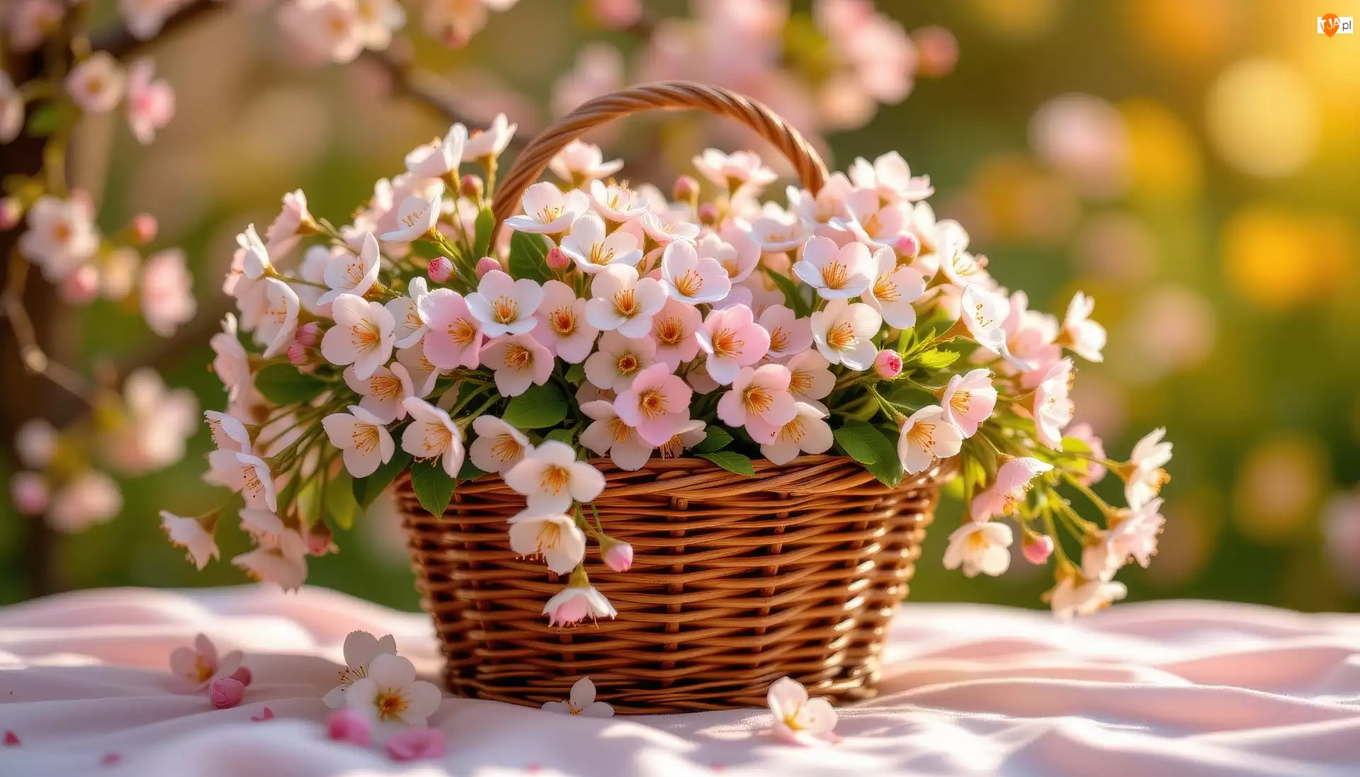 Koszyk, Jasnoróżowe, Kwiaty, Wiklinowy
