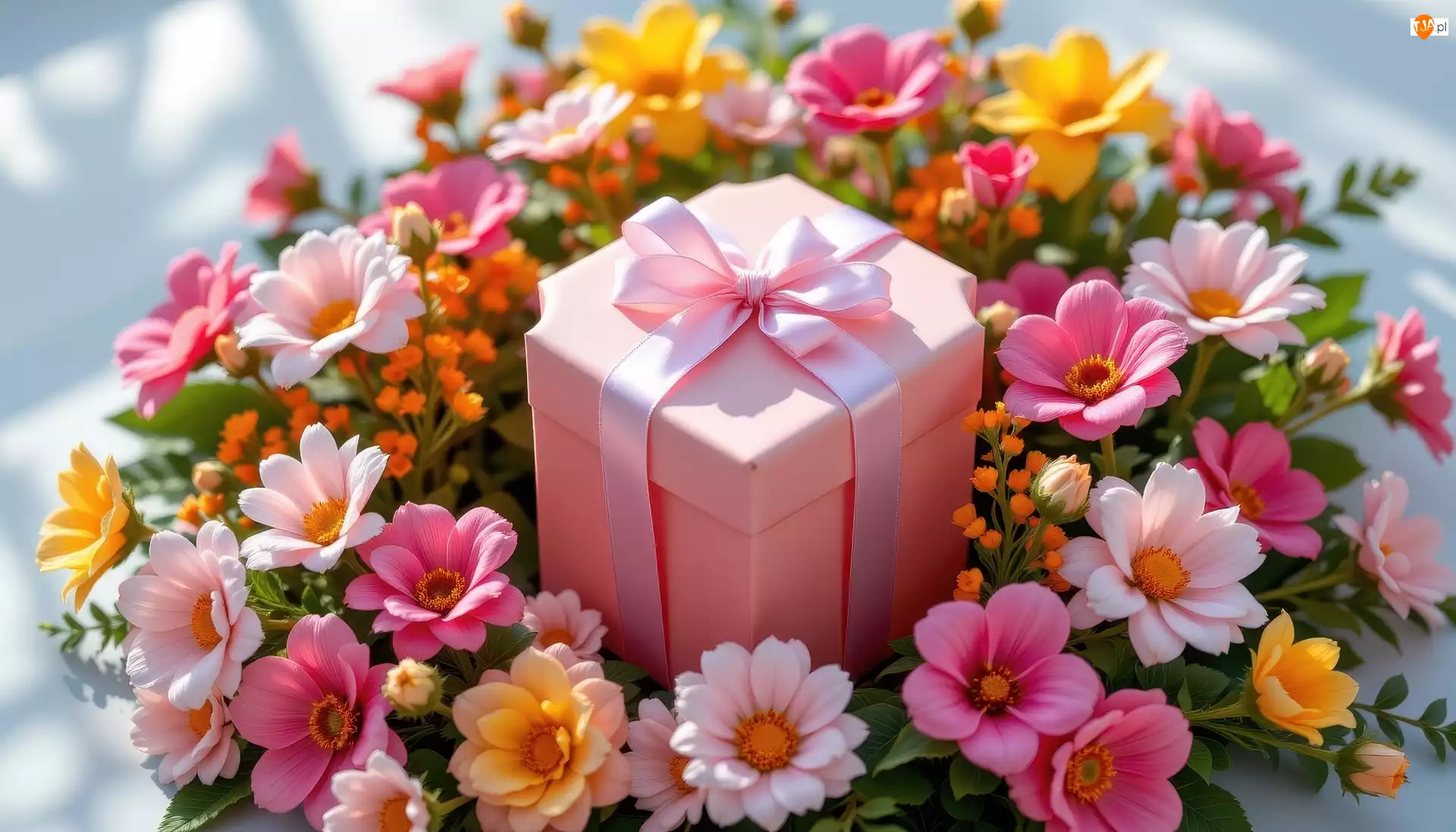 Kokarda, Prezent, Pudełko, Różowe, Kwiaty