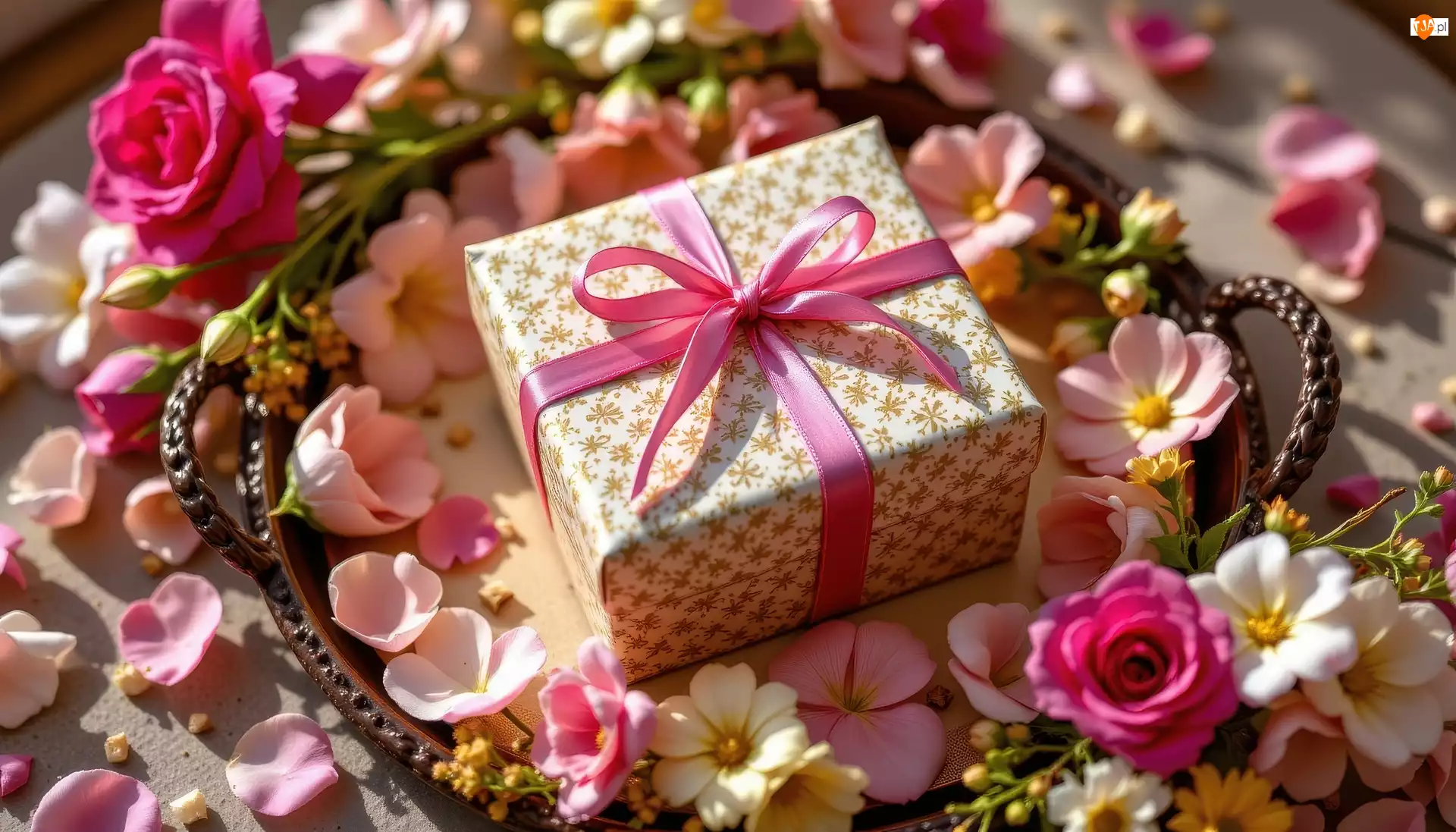 Kokarda, Taca, Prezent, Pudełko, Kwiaty