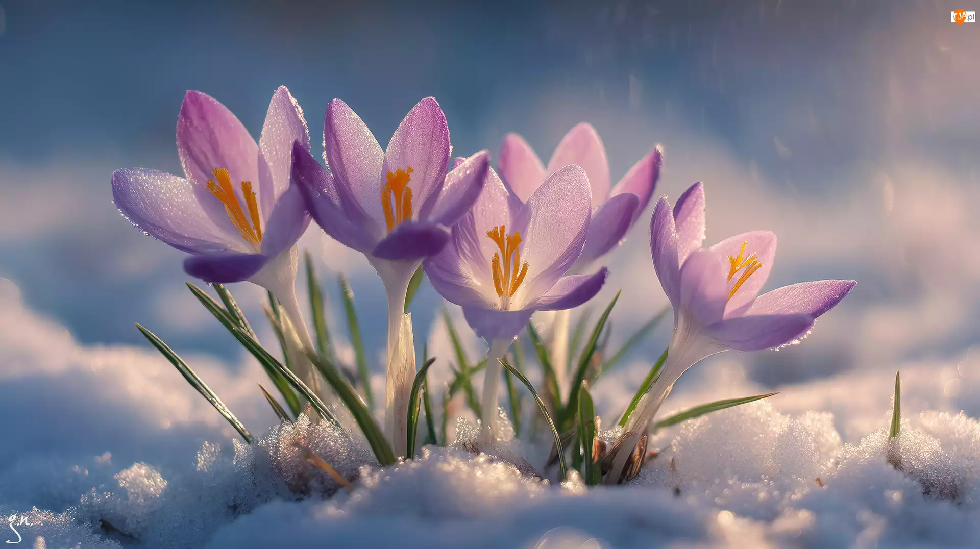 Śnieg, Fioletowe, Krokusy, Grafika AI