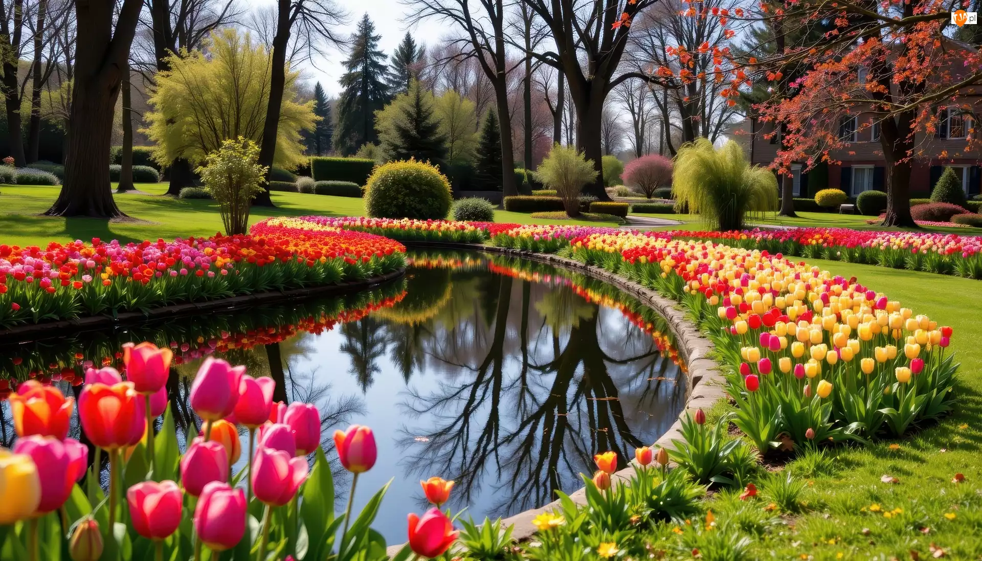 Tulipany, Wiosna, Kwiaty, Park, Drzewa