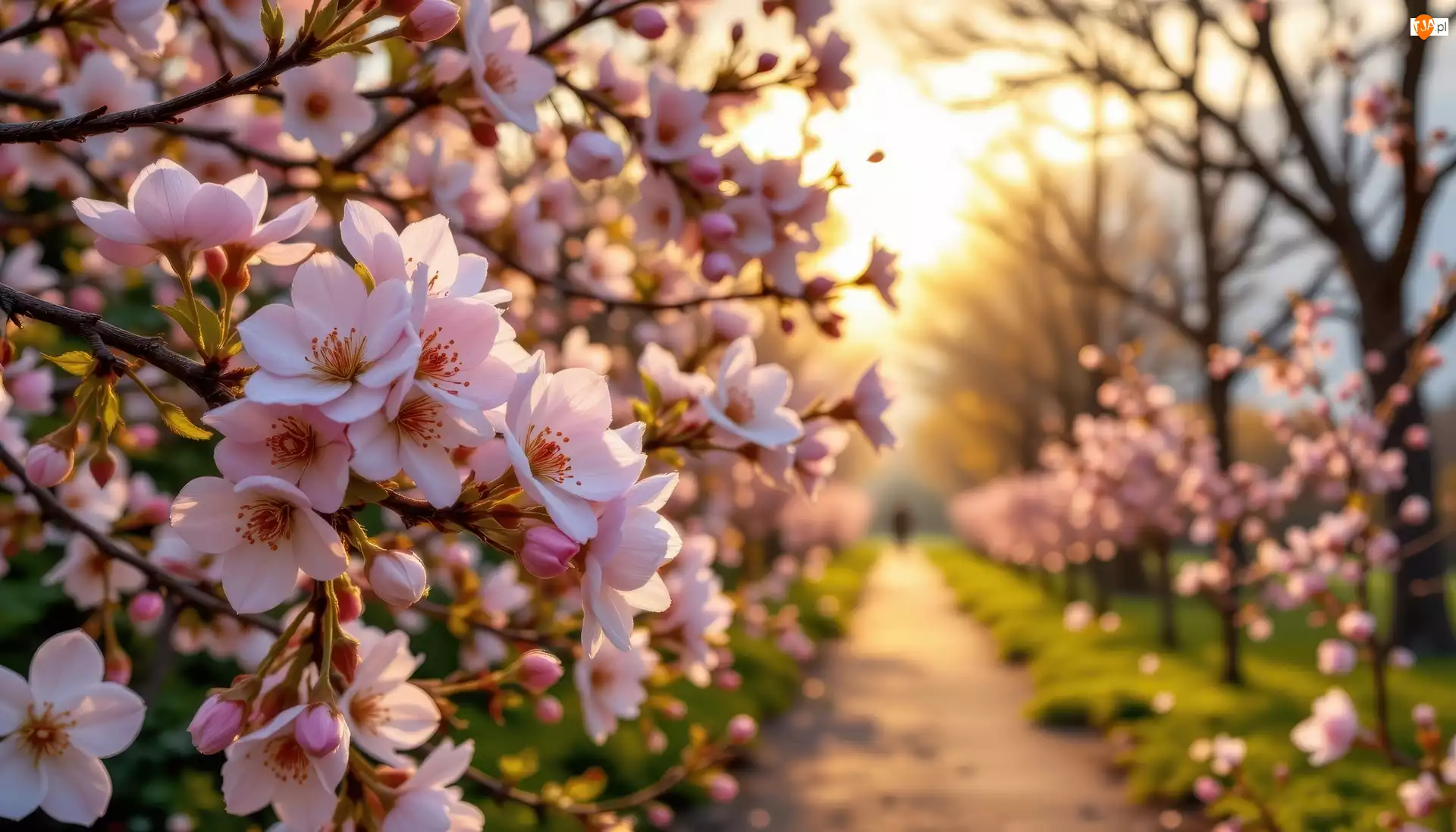 Drzewa, Gałązki, AI, Kwitnące, Ścieżka, Kwiaty, Różowe