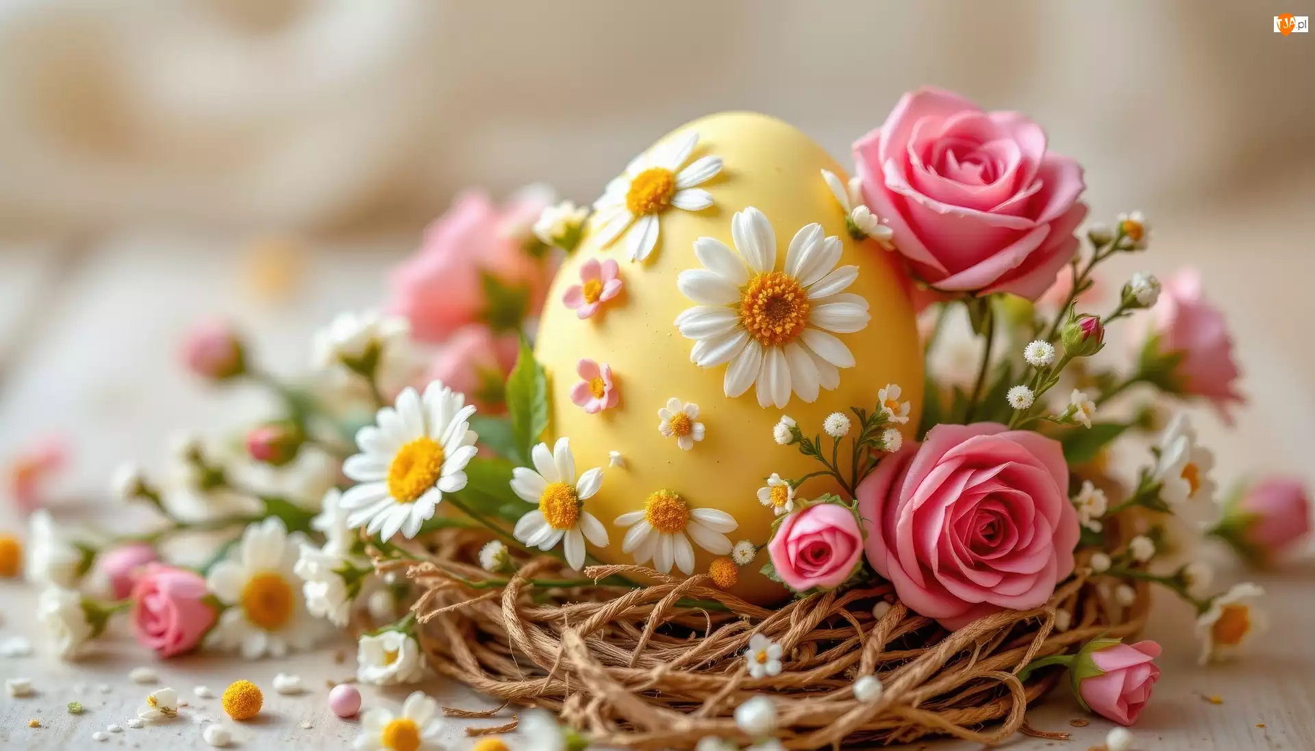 Jajko, Wielkanoc, Stokrotki, Gniazdko, Żółte, Róże