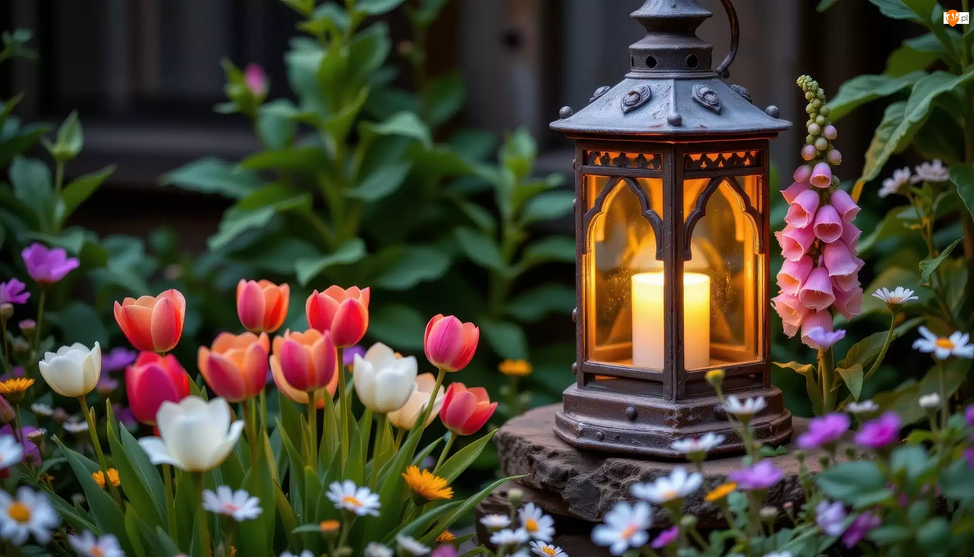 Naparstnica, Ogród, Kwiaty, Stokrotki, Lampion, Tulipany, AI, Kamień