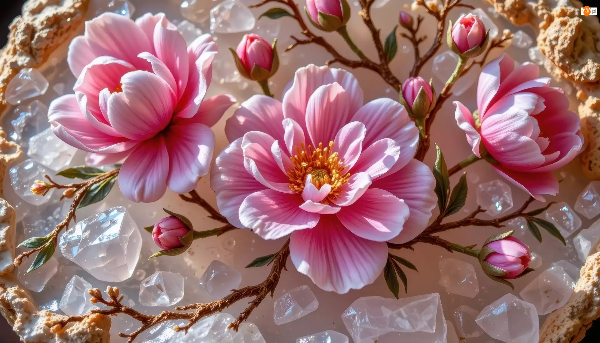 Gałązki, Kryształy, Kwiaty, Różowe, Pąki