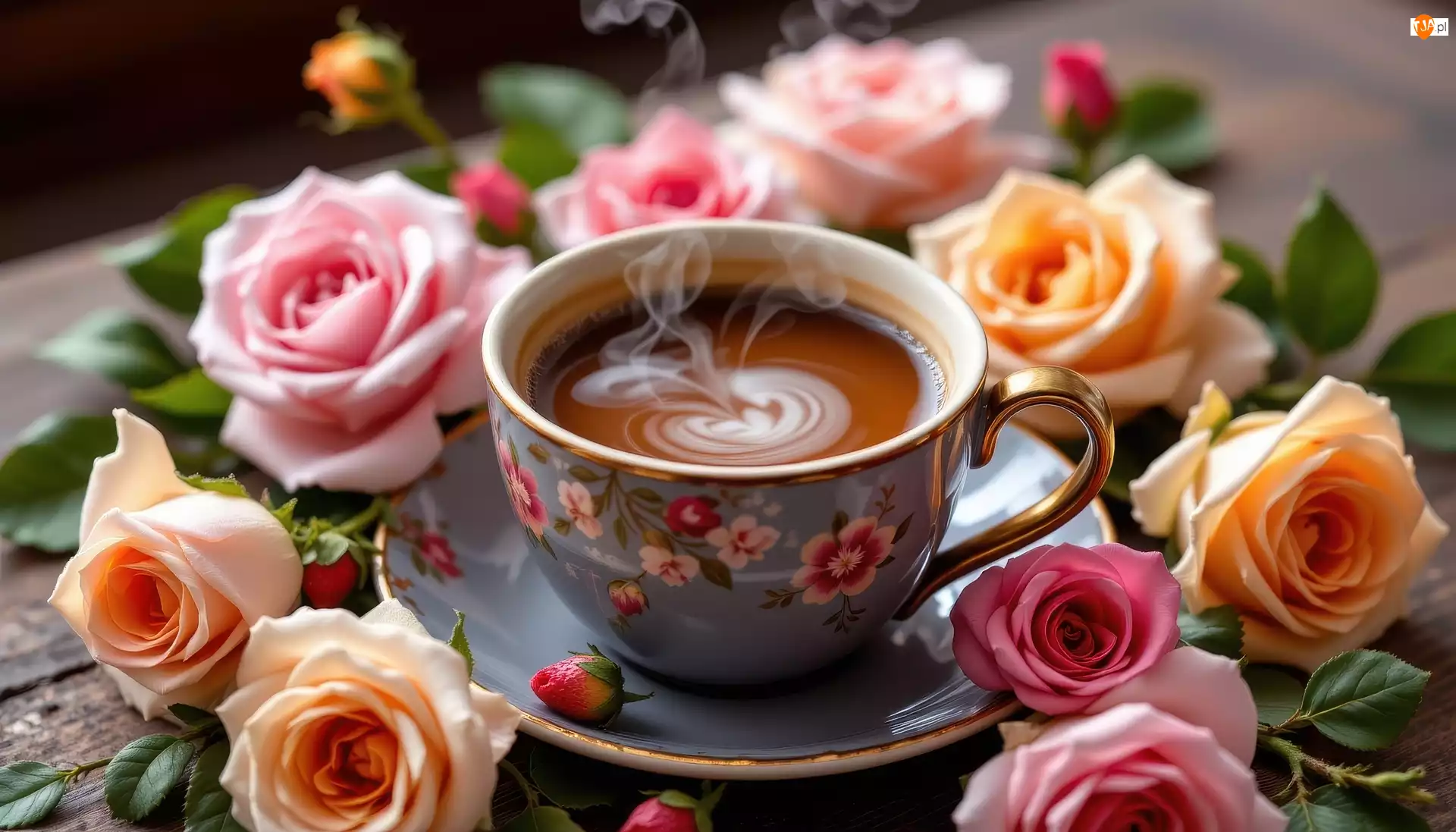 Róże, Filiżanka, Kawa, Kwiaty