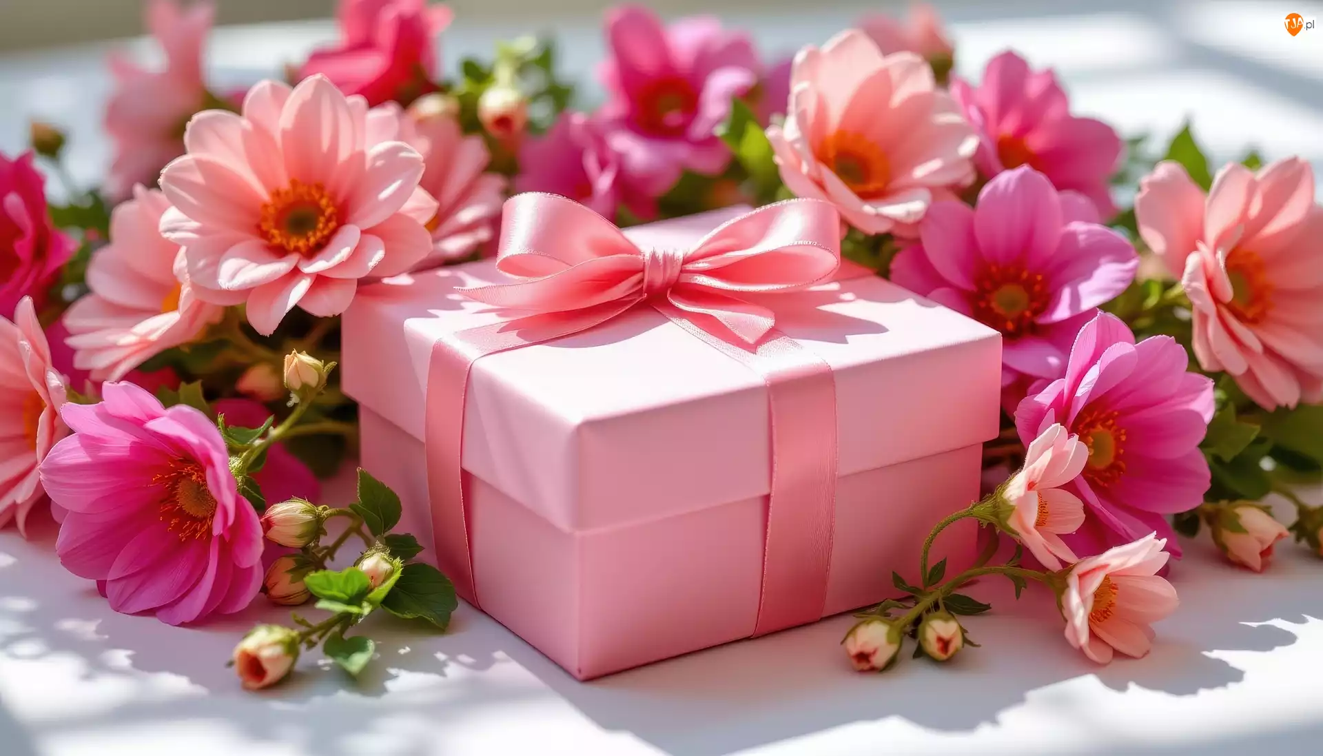 Prezent, Kwiaty, Pudełko, Różowe, Kokarda