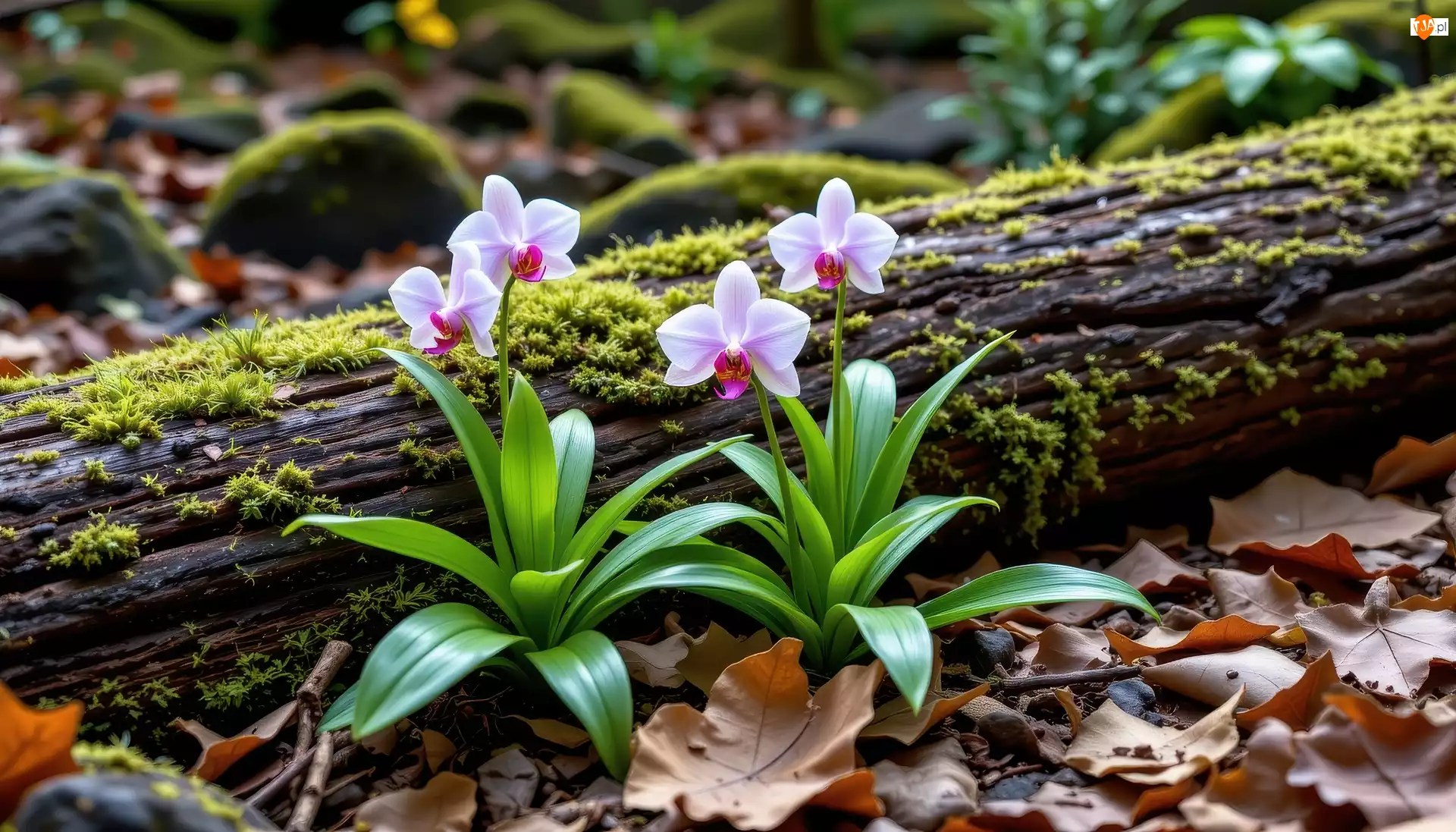 Listki, Mech, Storczyki, Jasnoróżowe, Kłoda