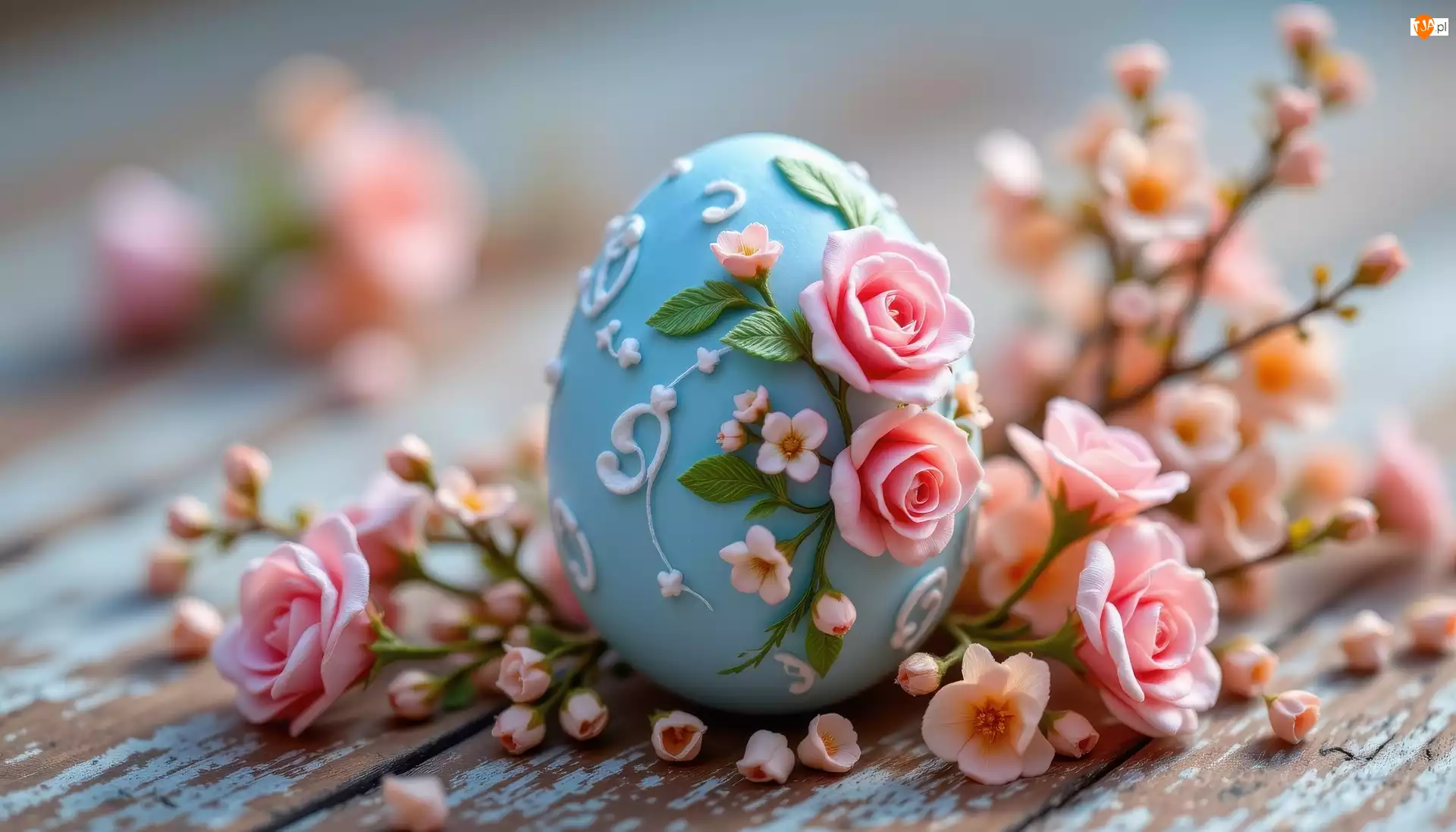 Niebieska, Pisanka, Kwiaty, Wielkanoc, Gałązki, Róże, Różowe