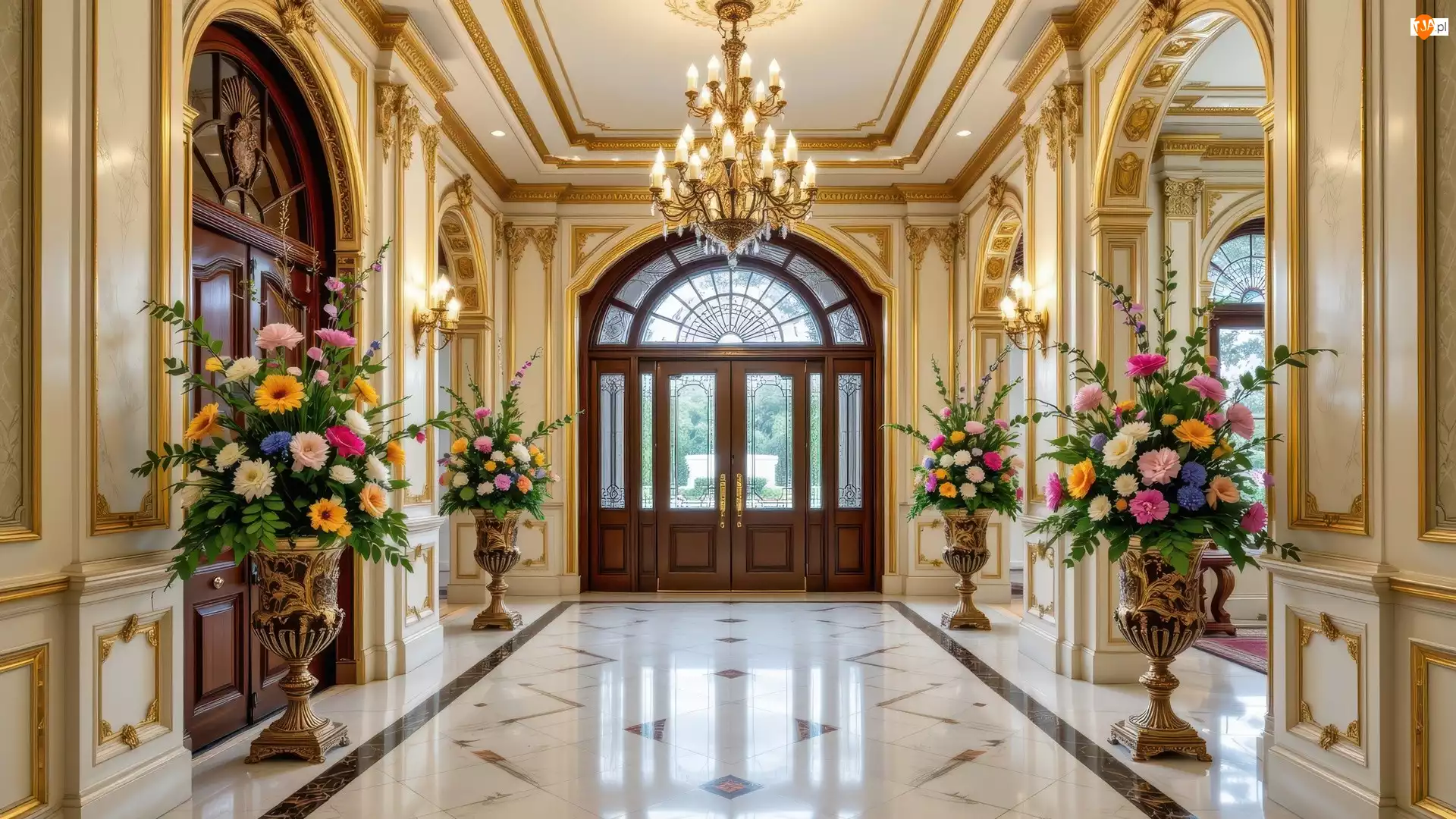 Bukiety, Kolorowe, Drzwi, Hol, Żyrandol, Wazony, Kwiaty