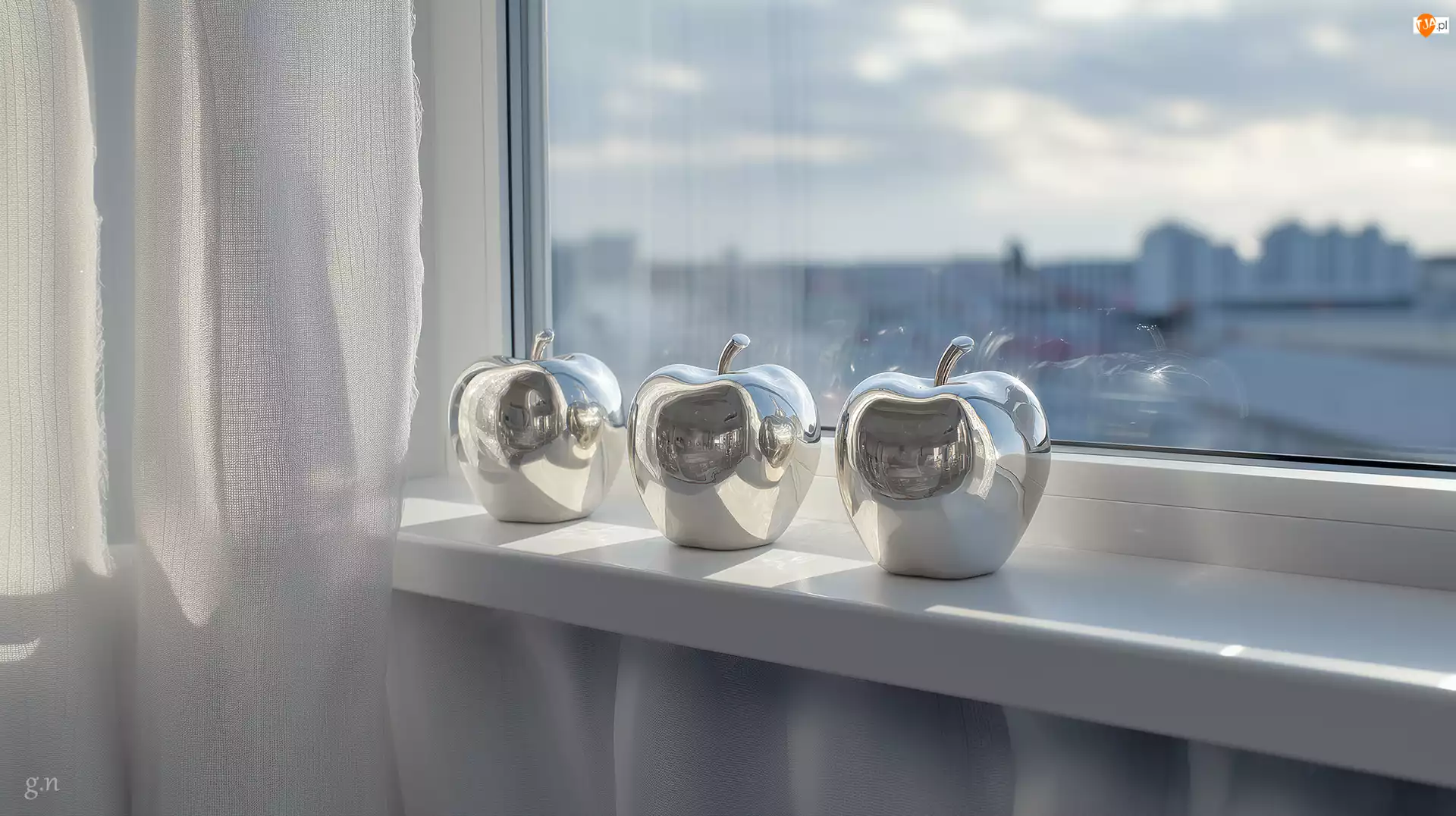 Trzy, Srebrne, Firana, Dekoracja, Parapet, Okno, Jabłka