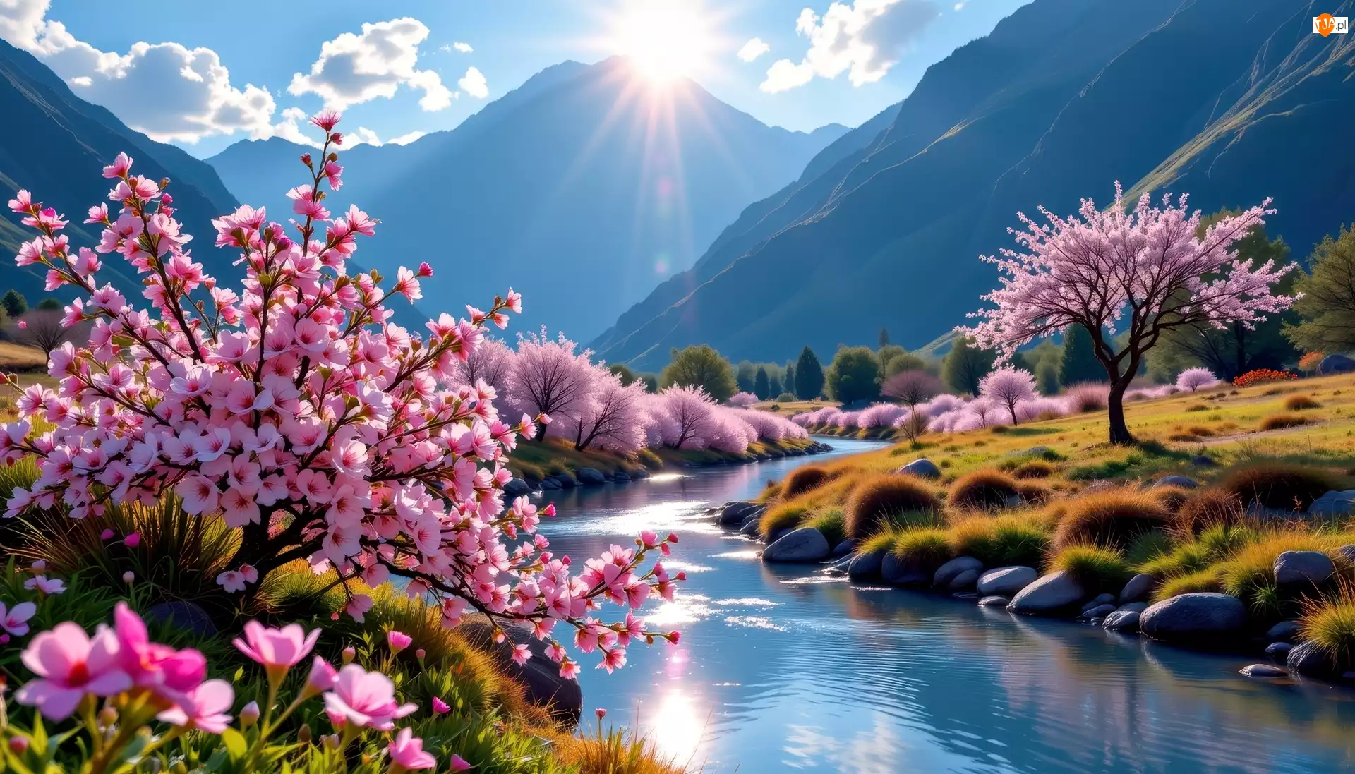 Strumień, Kwitnące, Grafika AI, Wiosna, Promienie słońca, Góry, Drzewa