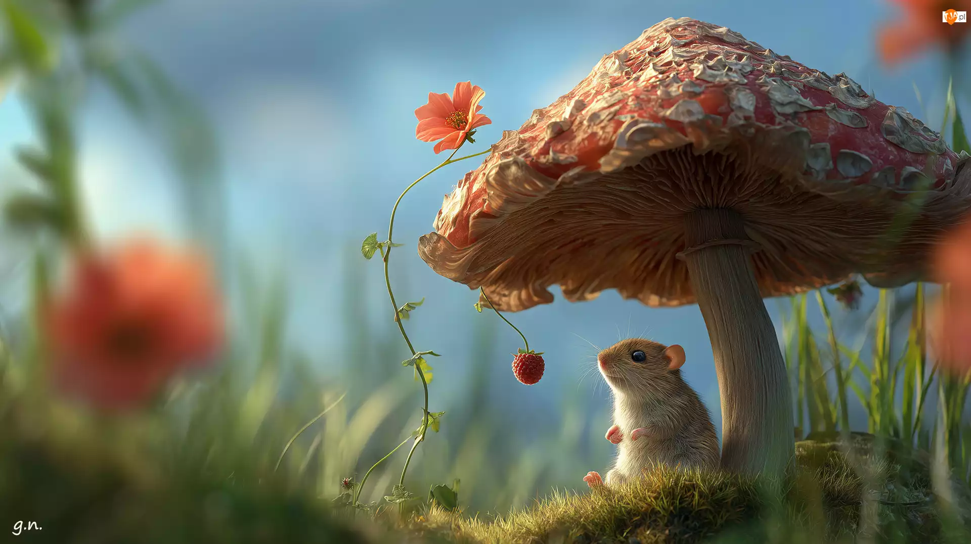 Grzyb, Myszoskoczek, Trawa, Grafika AI, Malina, Kwiat