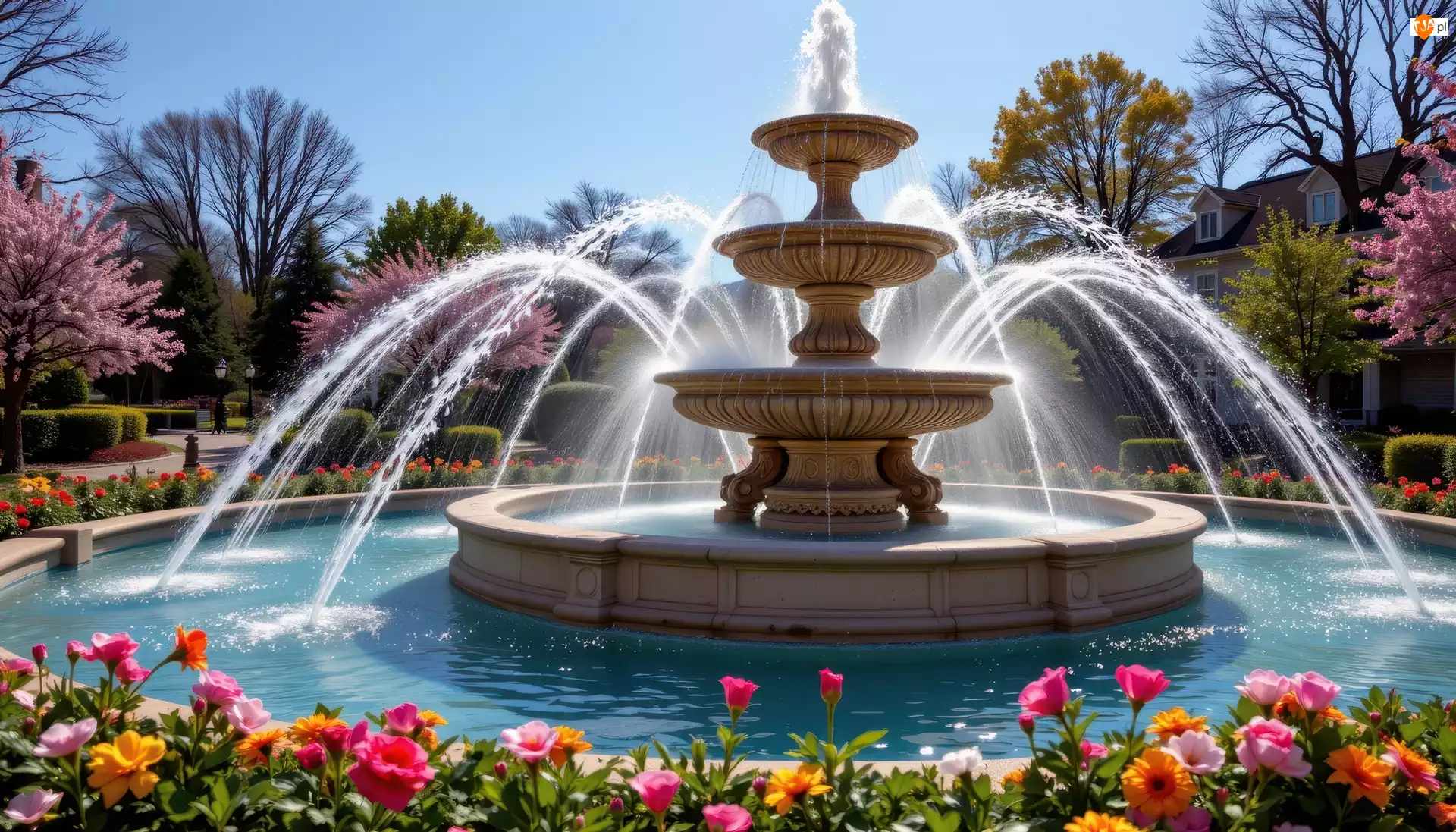 Park, Grafika AI, Kwiaty, Fontanna, Wiosna