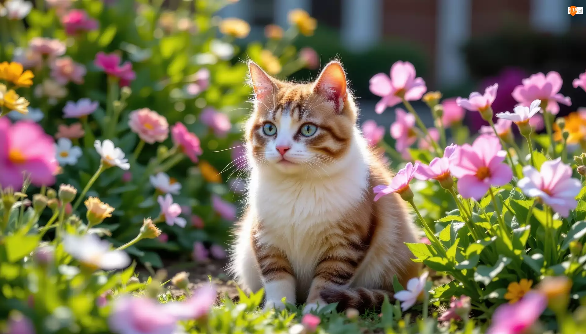 Kwiaty, Biało-rudy, Kot, Siedzący