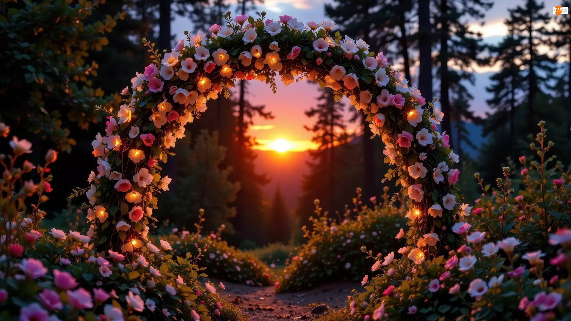 Las, Kwiatowy, Drzewa, Zachód słońca, Kwiaty, Różowe, Łuk