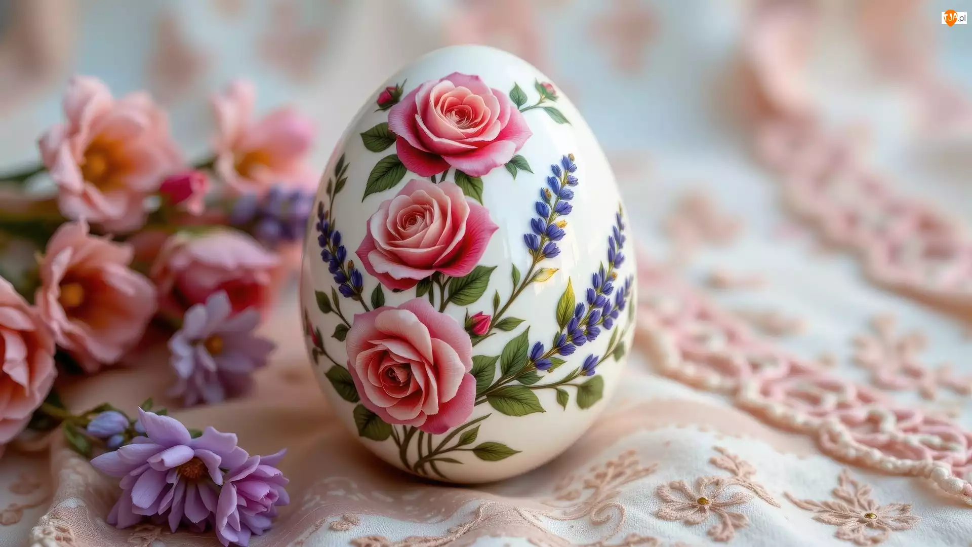 Fioletowe, Wielkanoc, Różowe, Kwiaty, Pisanka, Róże, Serweta, Jajko