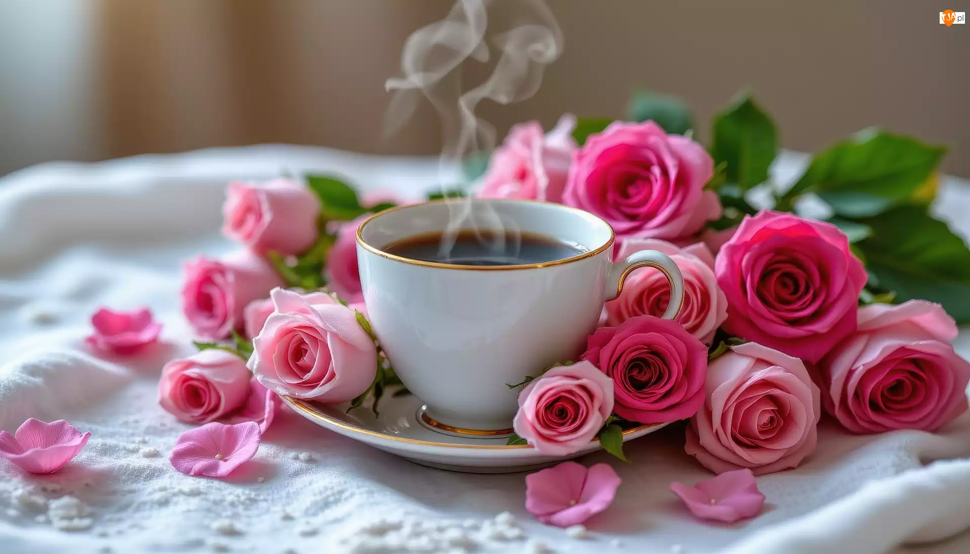 Kwiaty, Serweta, Kawa, Filiżanka, Róże